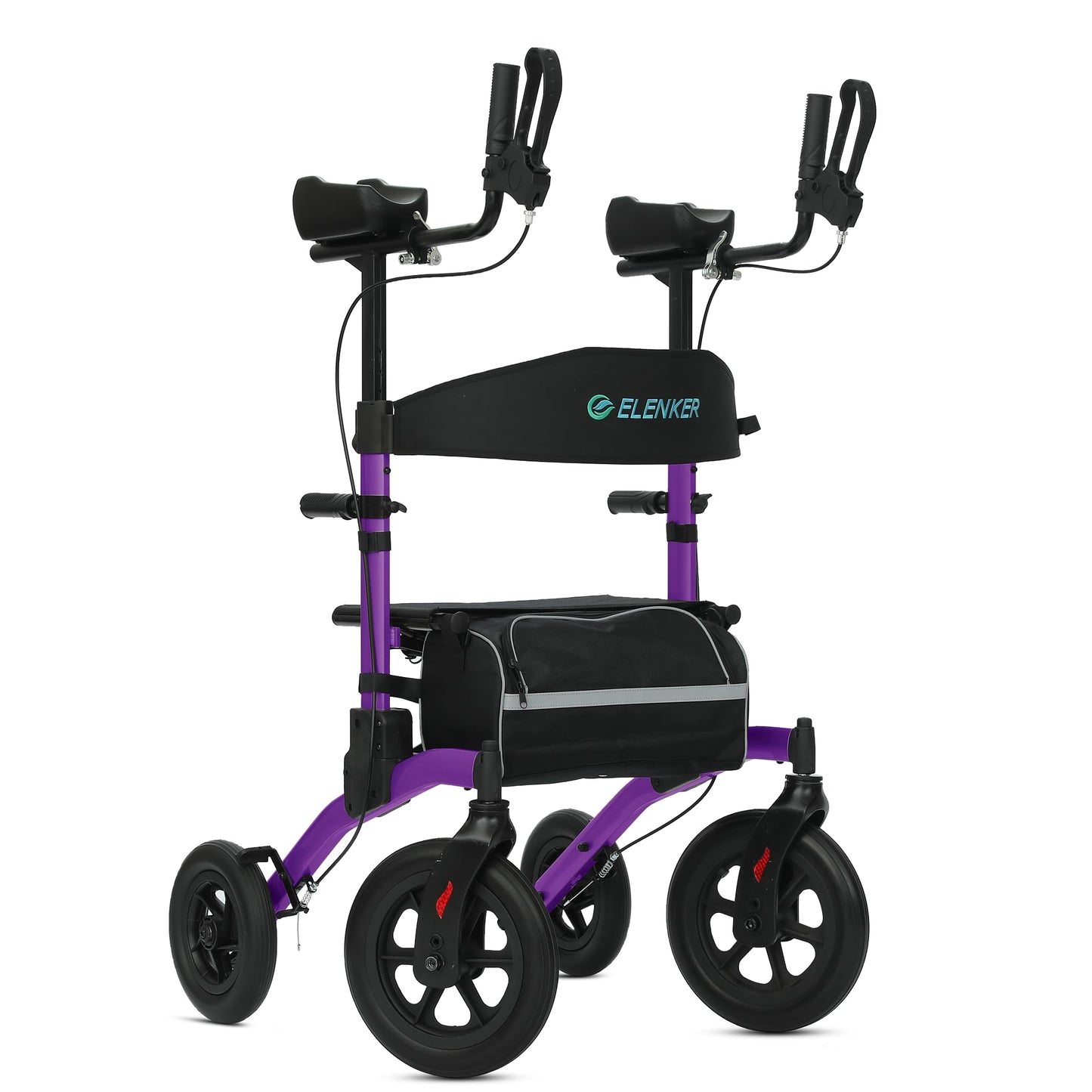 ELENKER All-Terrain Upright Rollator Walker Stand up Rolling Walker with Seat 12” Non-Pneumatic Wheels Compact Folding Design for Seniors Purple