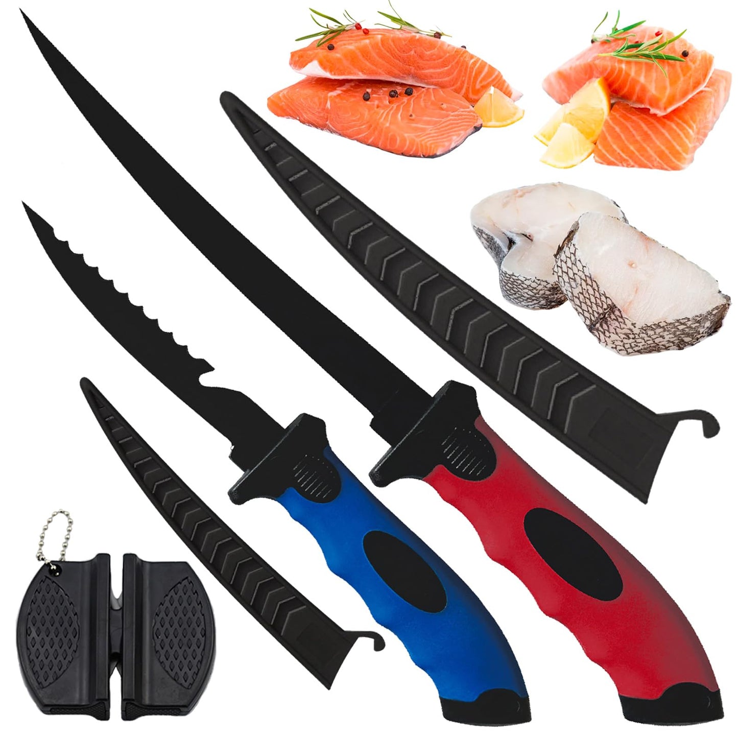 2PCS fillet knife Set 5 & 7 inch Stainless Steel fillet knife for fish Fishing Gear Fishing Tool Set Fishing Accessories Non-Slip Handles with Sharpener Fishing/Camping Knife Red & Blue