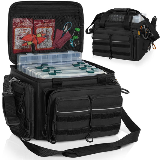 LASUK Fishing Tackle Bags (Only Bag) - Fishing Gear Storage Bag for Saltwater or Freshwater Fishing - Black - Large