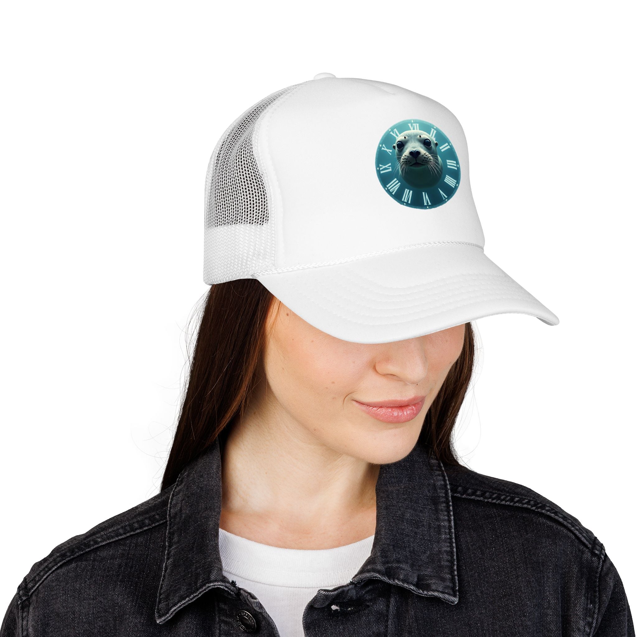 Seal Clock Trucker Hat — Cute Marine Animal Foam Trucker Cap