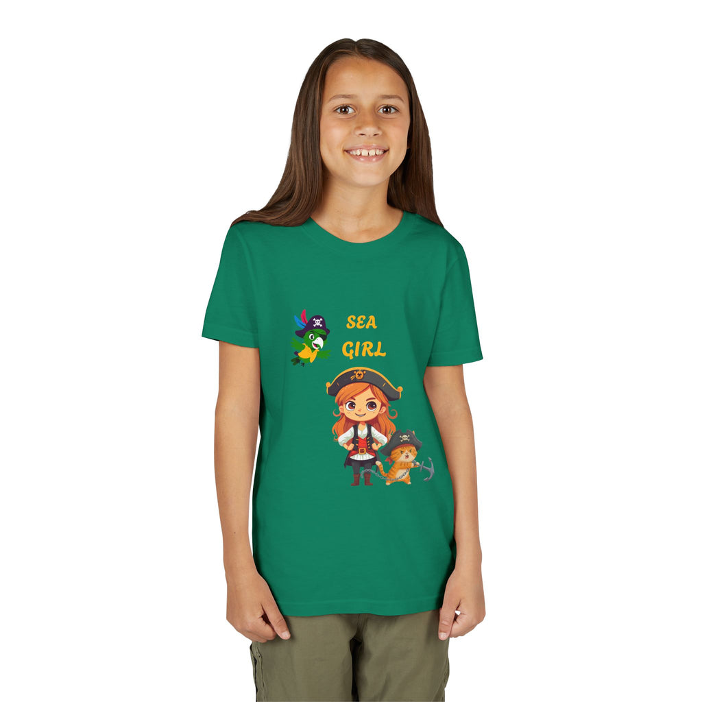 Sea Girl Pirate Youth Tee — Cute Pirate Girl, Parrot & Anchor Kids T‑Shirt