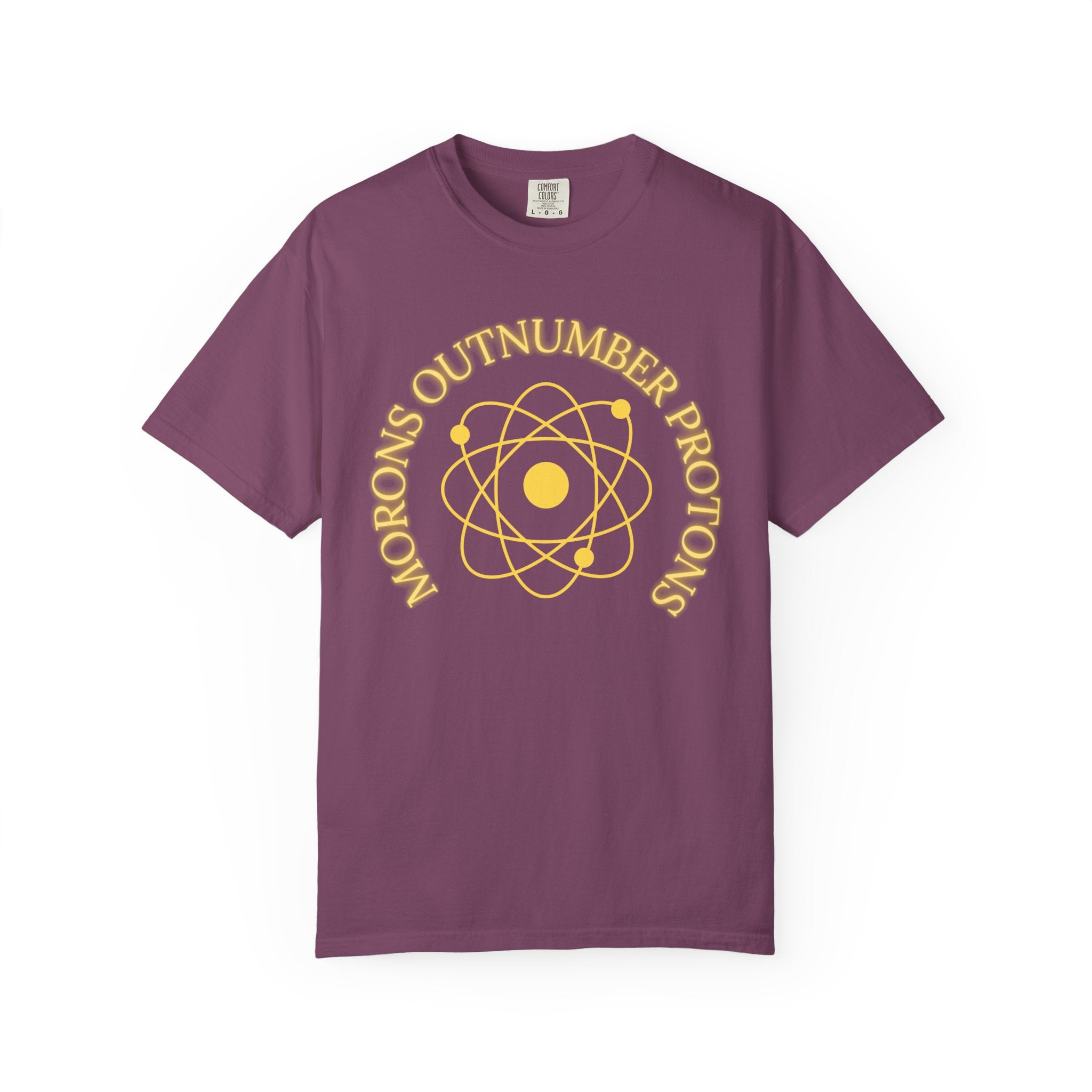 Retro Science Atom Tee — "Why do morons outnumber protons" Yellow Graphic T-Shirt