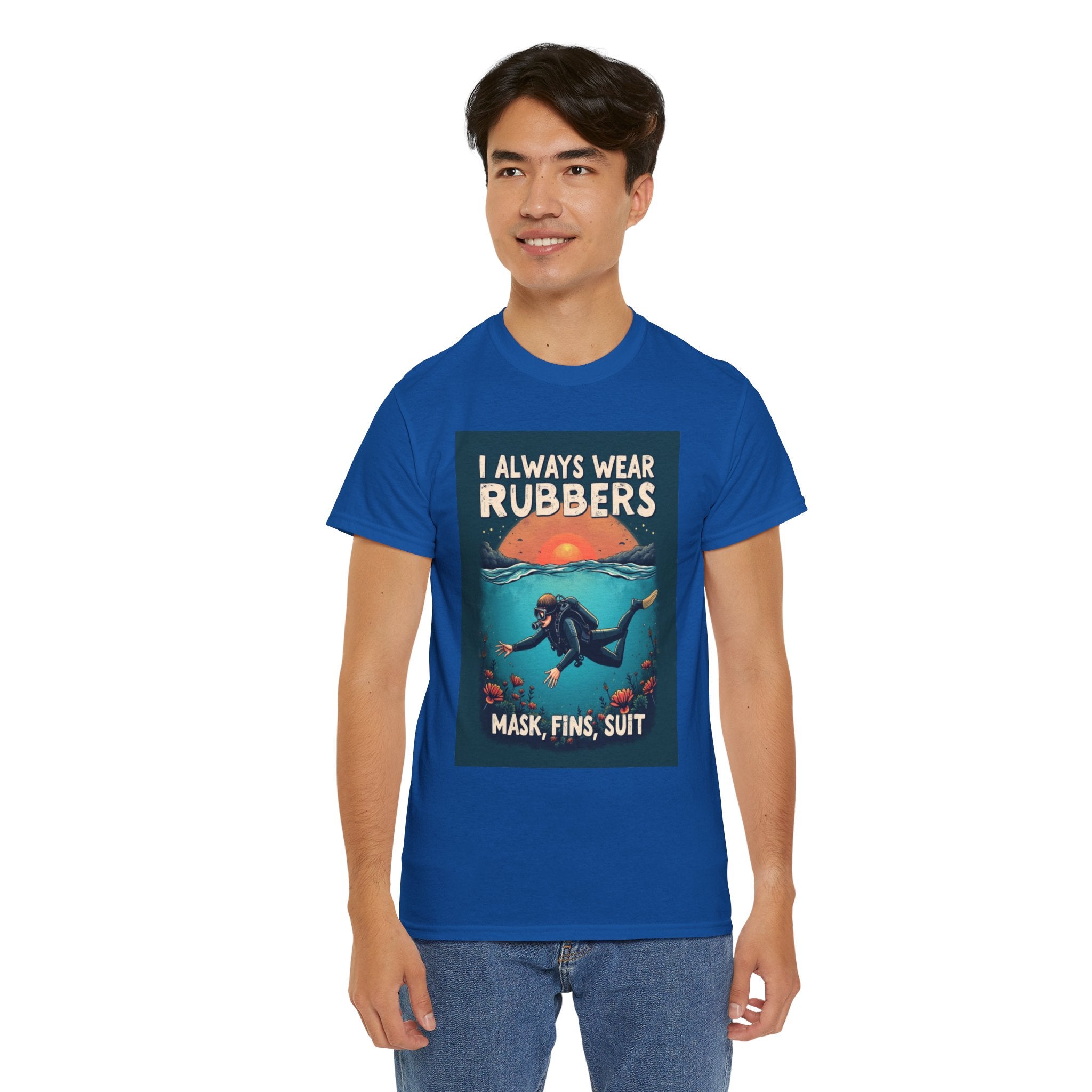 Scuba Diver T‑Shirt - "I Always Wear Rubbers" Mask, Fins & Suit Vintage Dive Tee