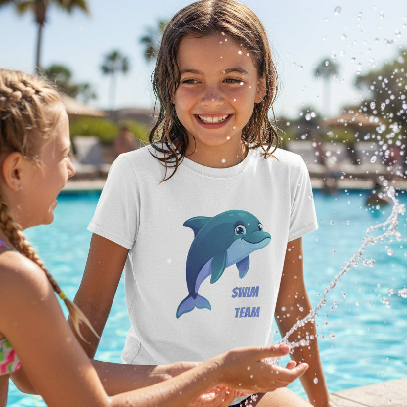 Kids Swim Team T‑Shirt — Cute Dolphin Graphic Tee for Children