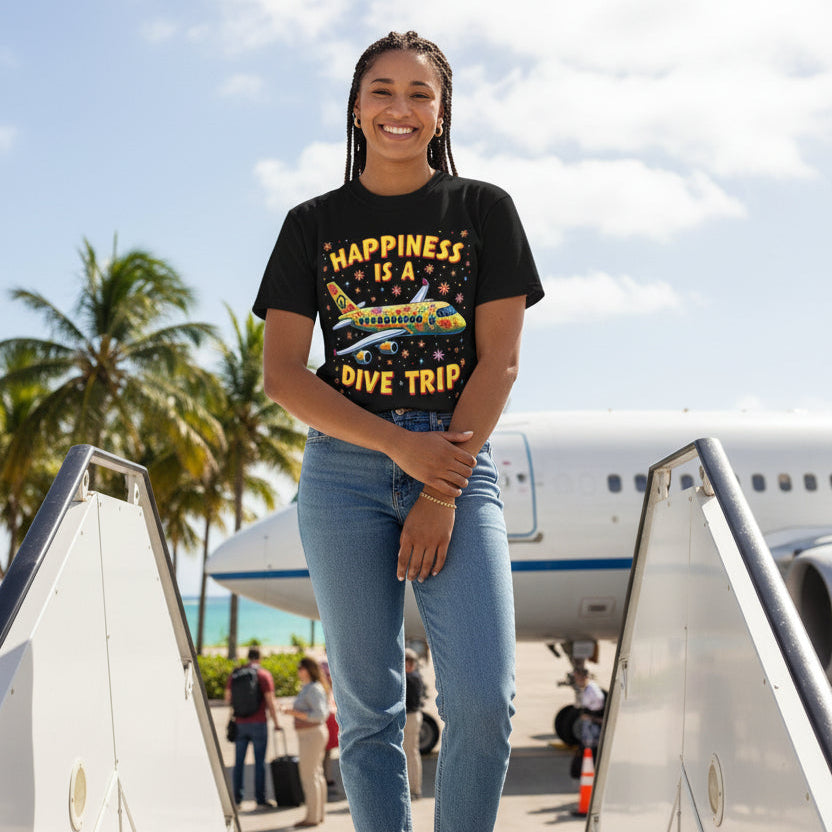 T‑Shirt — "Happiness Is A Dive Trip" Colorful Plane Travel Tee