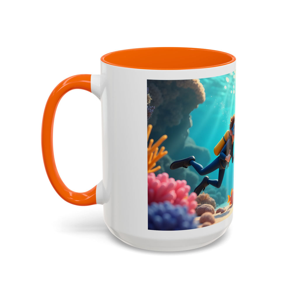 Scuba Diving Couple Accent Coffee Mug — Underwater Coral Reef Design (11/15 oz)