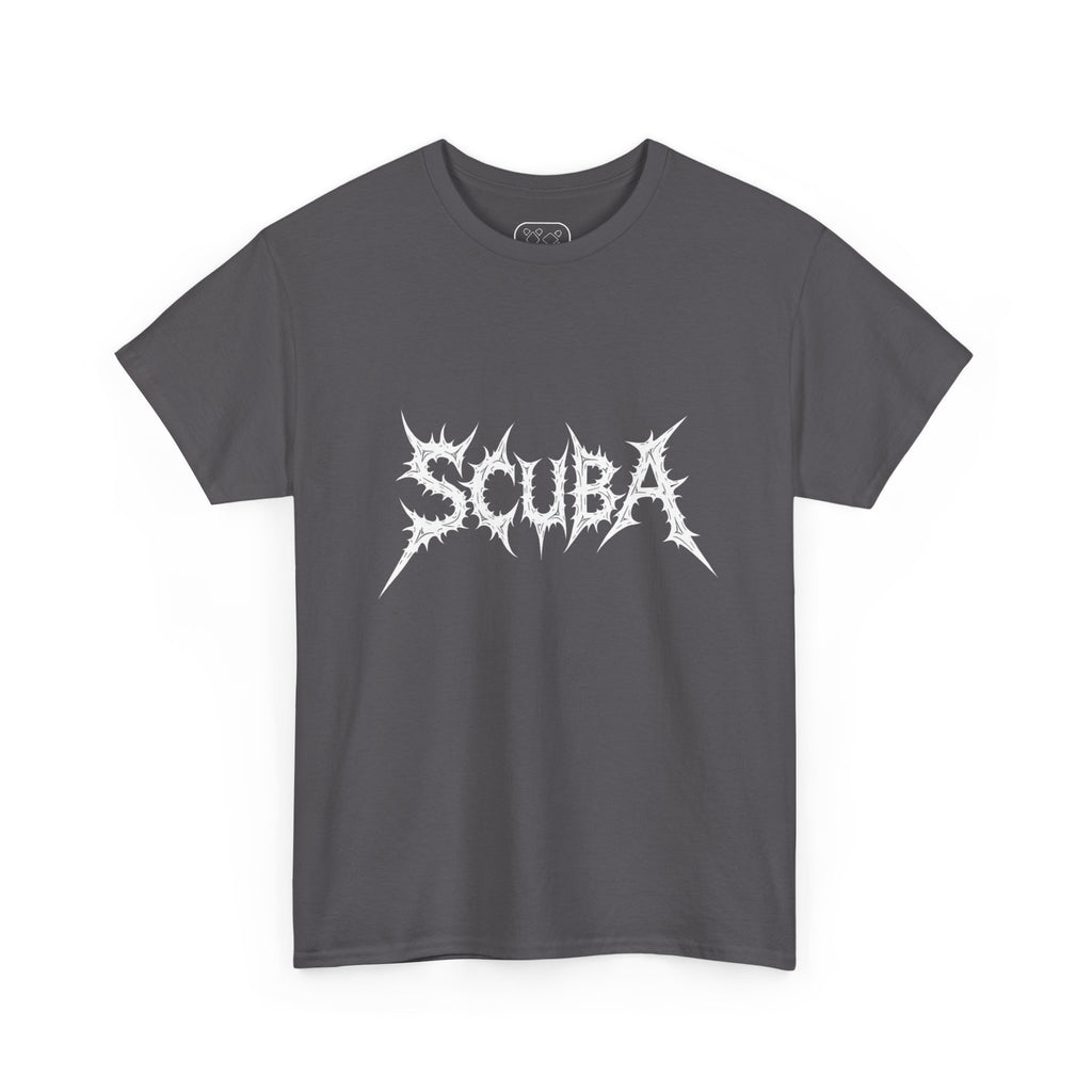 Skull Script Scuba Tee — White Graphic T-Shirt with 'SCUBA' Bone Lettering