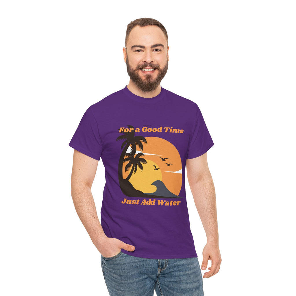 Beach Sunset T-Shirt — "For a Good Time Just Add Water" Retro Palm Tee