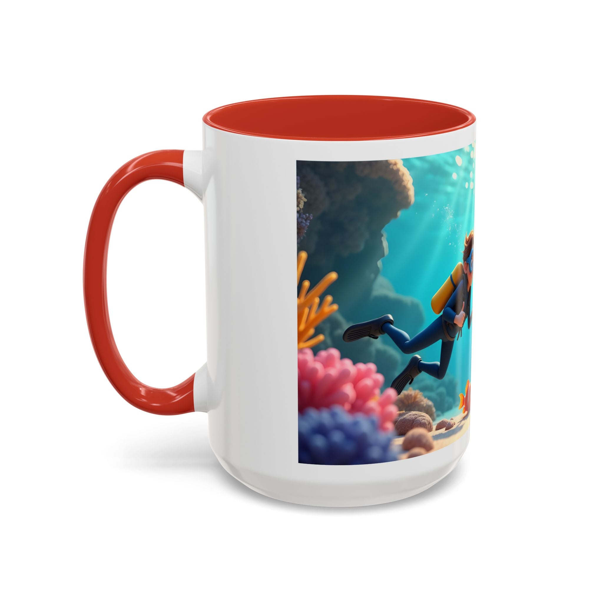 Scuba Diving Couple Accent Coffee Mug — Underwater Coral Reef Design (11/15 oz)
