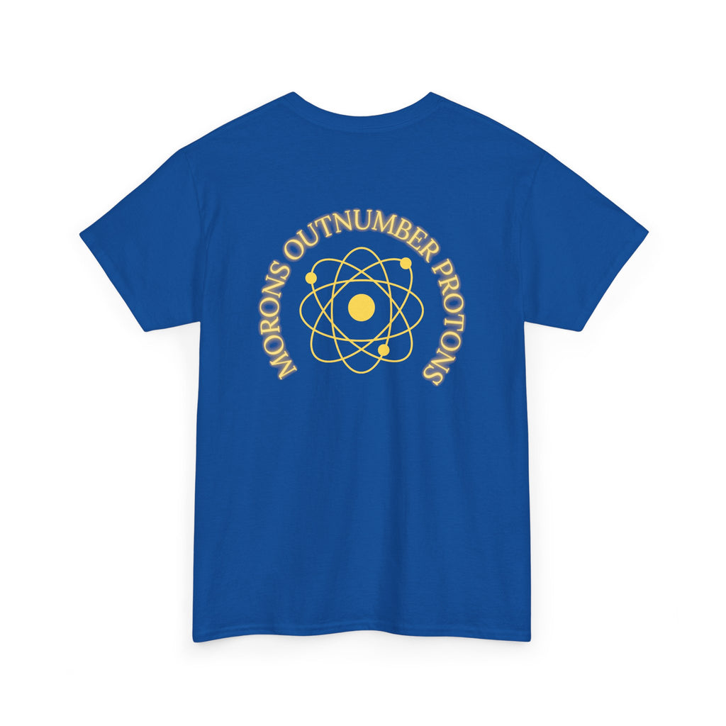Retro Science Atom Tee — "Why do morons outnumber electrons" Yellow Graphic T-Shirt