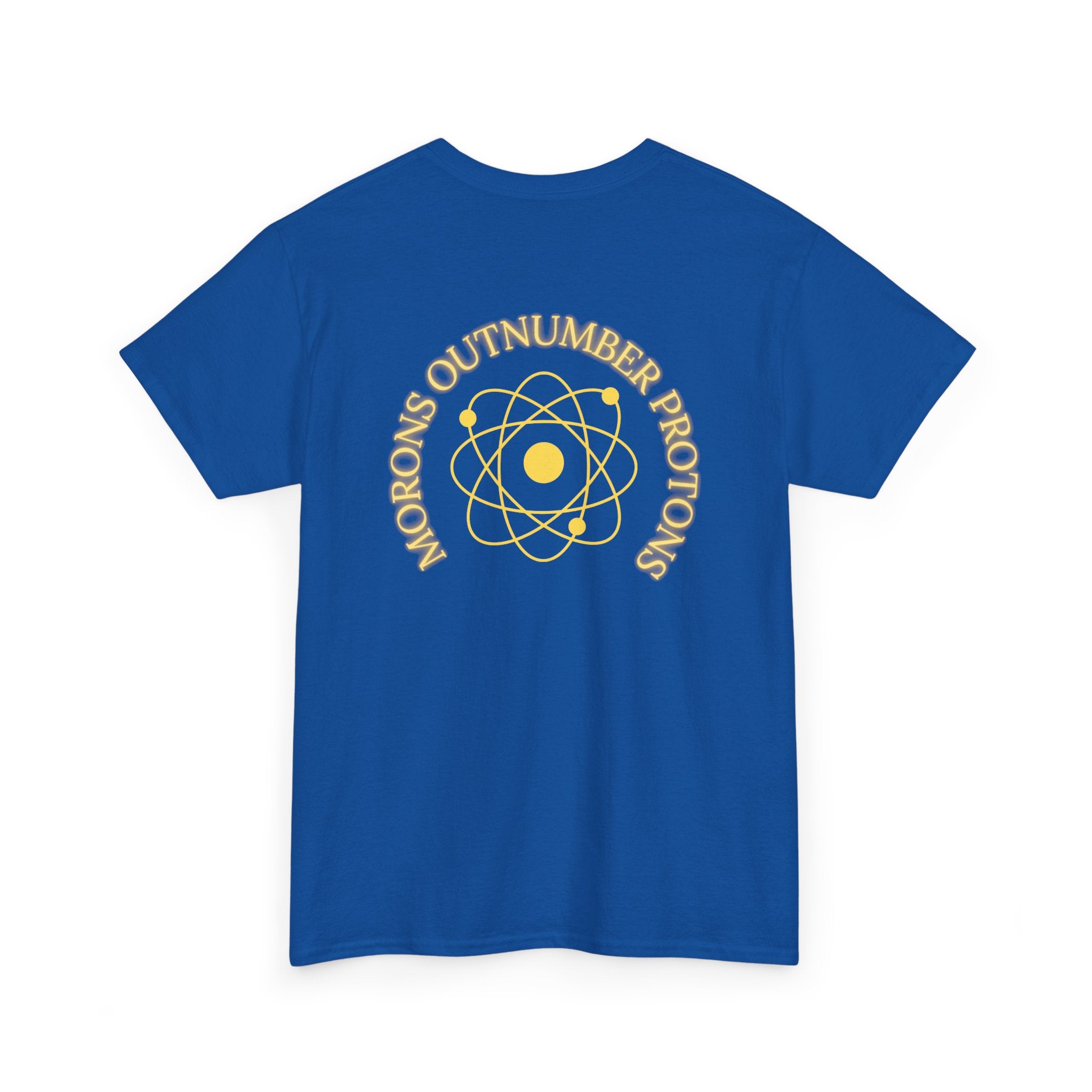 Retro Science Atom Tee — "Why do morons outnumber electrons" Yellow Graphic T-Shirt