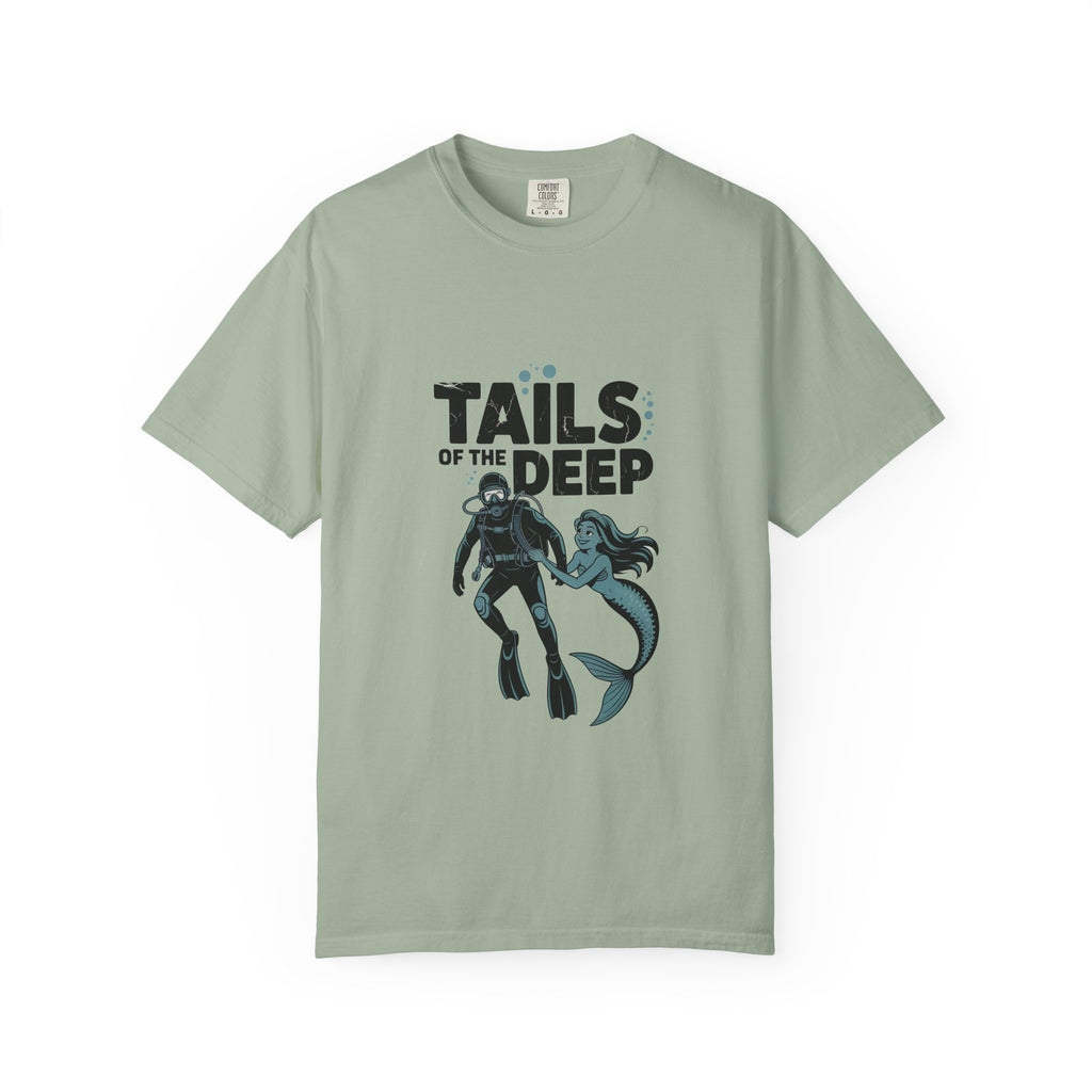 T-Shirt — "Tails of the Deep" Diver & Mermaid Graphic Tee