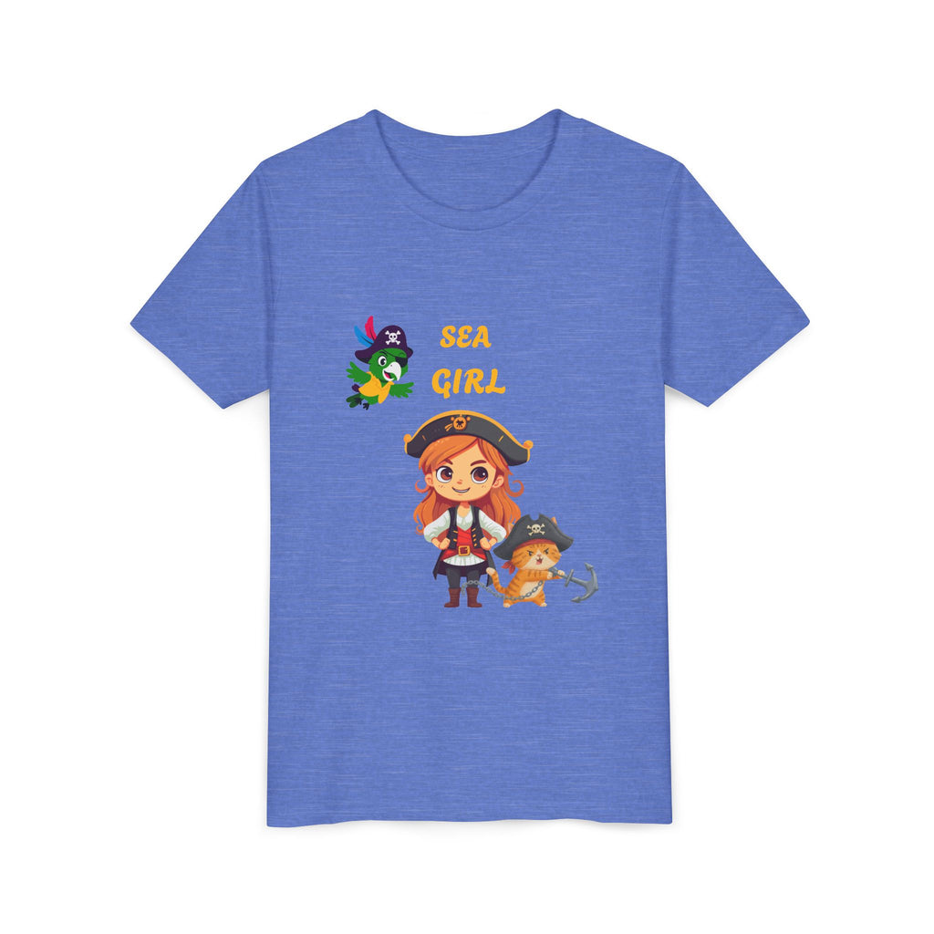 Sea Girl Pirate Youth Tee — Cute Pirate Girl, Parrot & Anchor Kids T‑Shirt