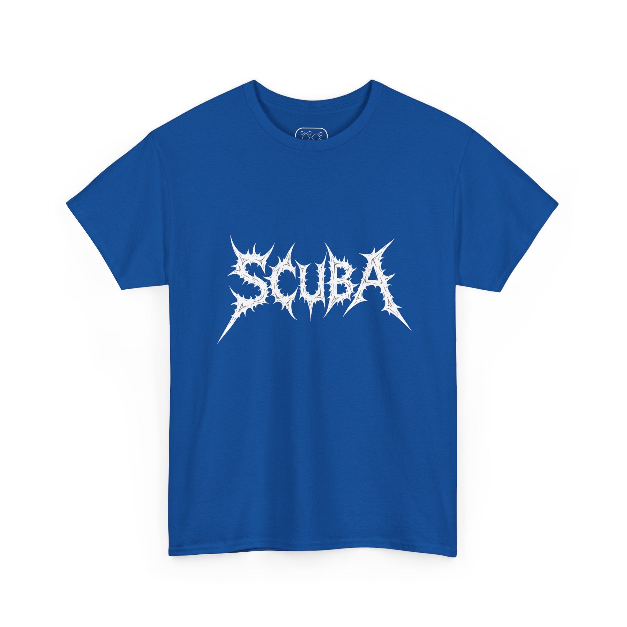 Skull Script Scuba Tee — White Graphic T-Shirt with 'SCUBA' Bone Lettering