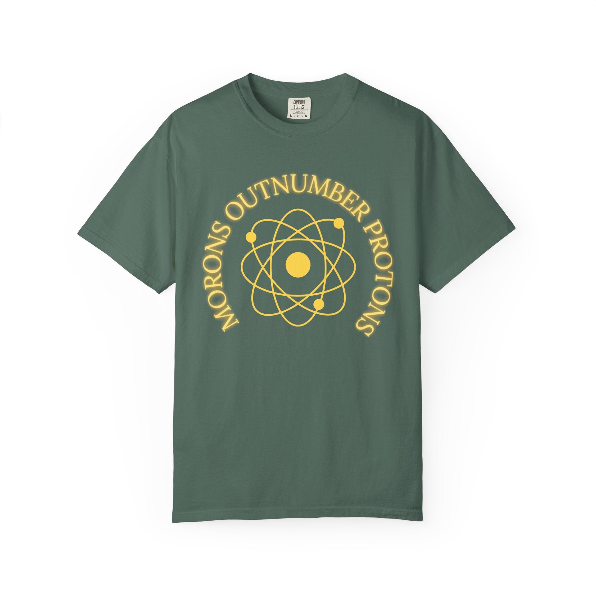 Retro Science Atom Tee — "Why do morons outnumber protons" Yellow Graphic T-Shirt