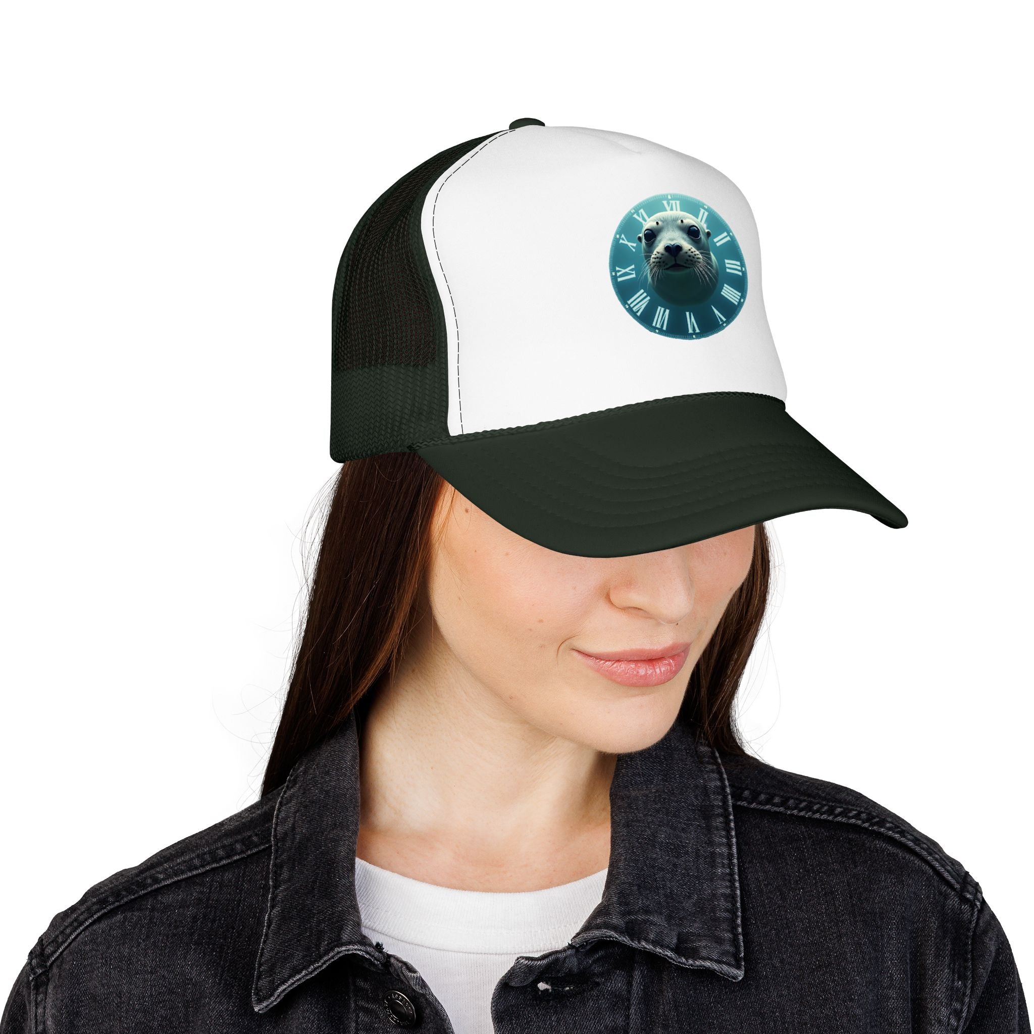 Seal Clock Trucker Hat — Cute Marine Animal Foam Trucker Cap