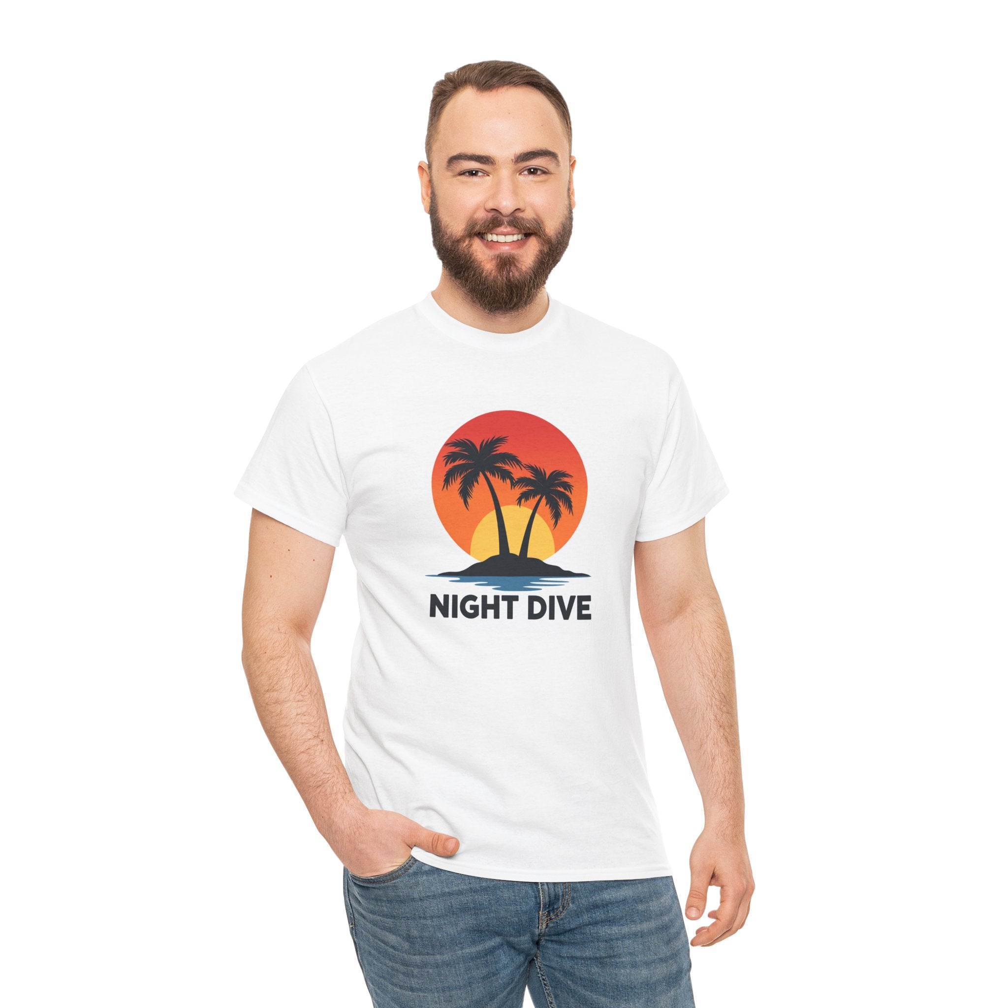 Night Dive Palm Beach T-Shirt — Retro Sunset Tropical Tee