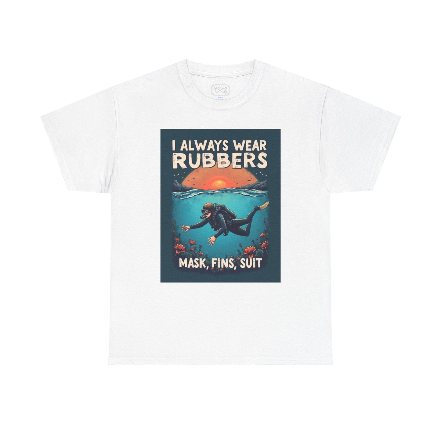 Scuba Diver T‑Shirt - "I Always Wear Rubbers" Mask, Fins & Suit Vintage Dive Tee