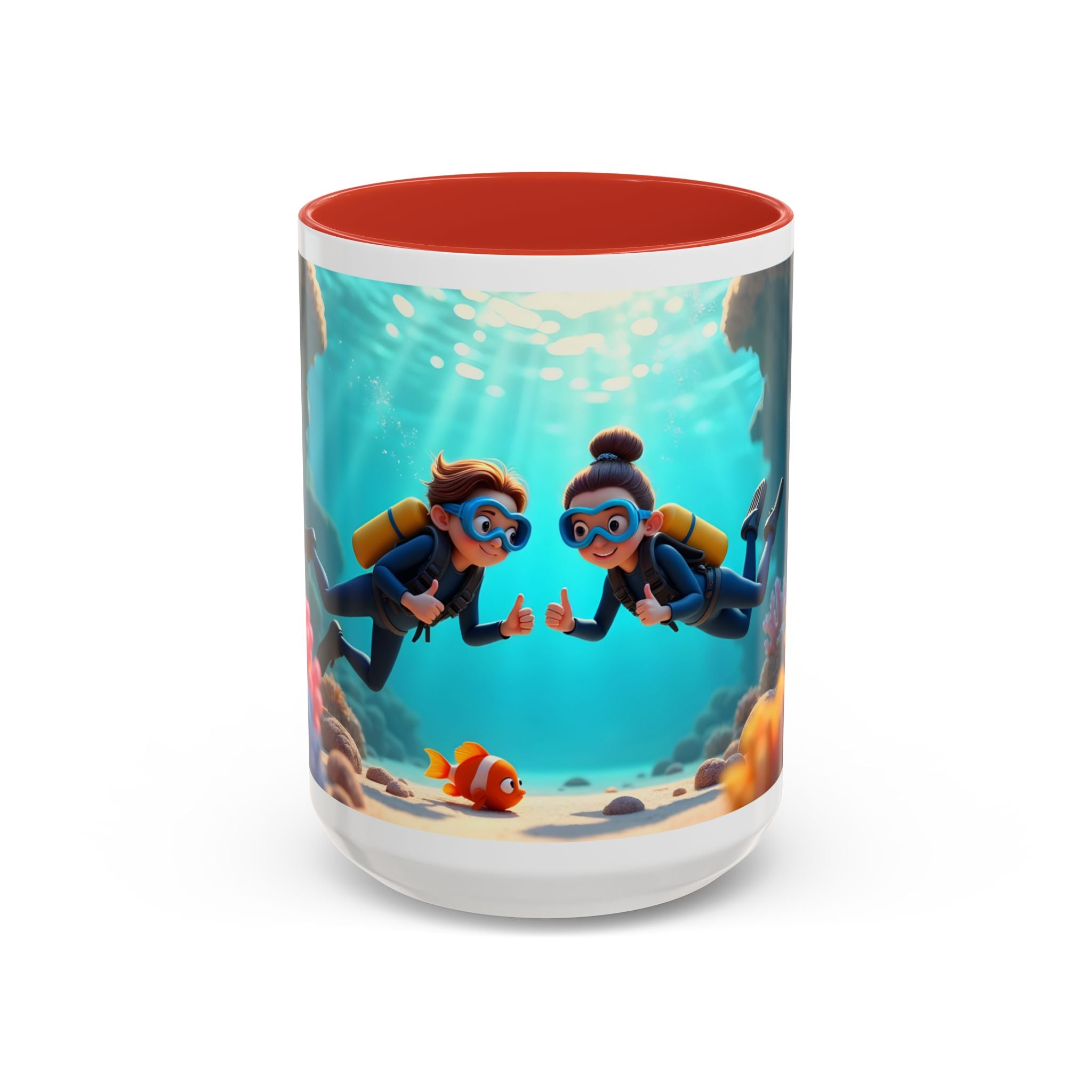 Scuba Diving Couple Accent Coffee Mug — Underwater Coral Reef Design (11/15 oz)