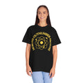Retro Science Atom Tee — "Why do morons outnumber protons" Yellow Graphic T-Shirt