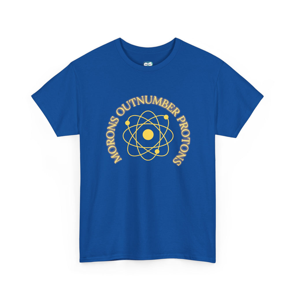 Retro Science Atom Tee — "Why do morons outnumber electrons" Yellow Graphic T-Shirt
