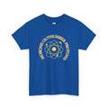 Retro Science Atom Tee — "Why do morons outnumber electrons" Yellow Graphic T-Shirt