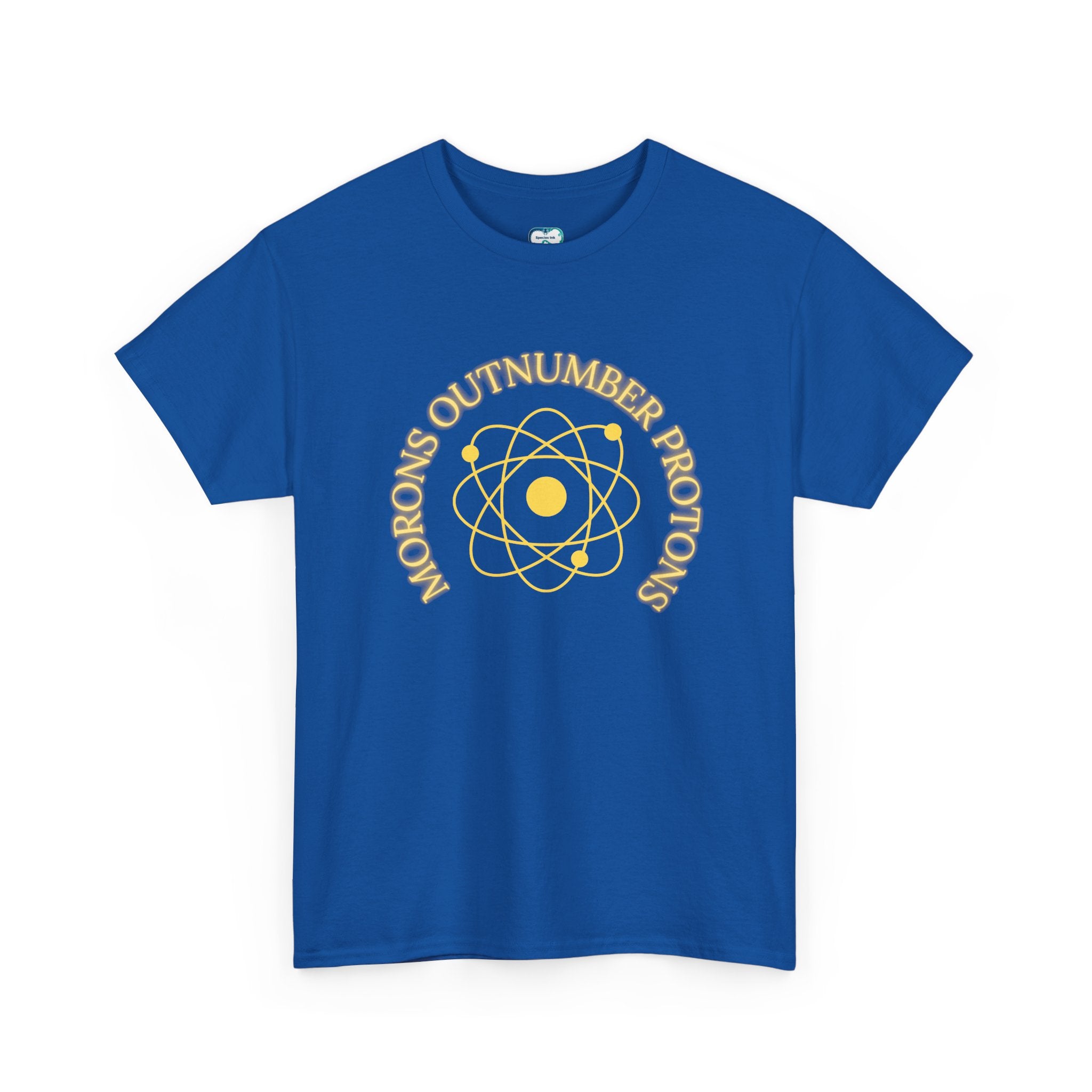Retro Science Atom Tee — "Why do morons outnumber electrons" Yellow Graphic T-Shirt