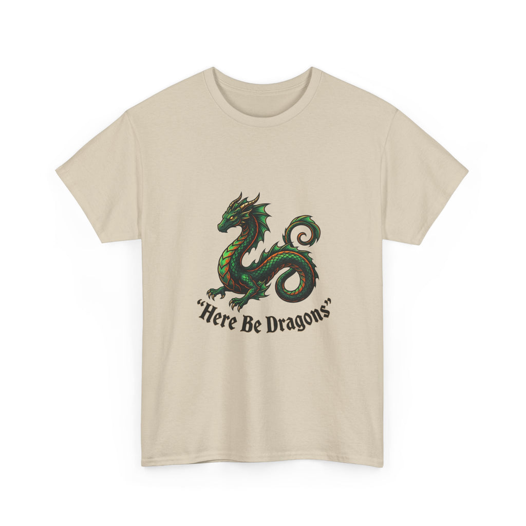 Dragon Graphic T-Shirt — "Here Be Dragons" Fantasy Tee