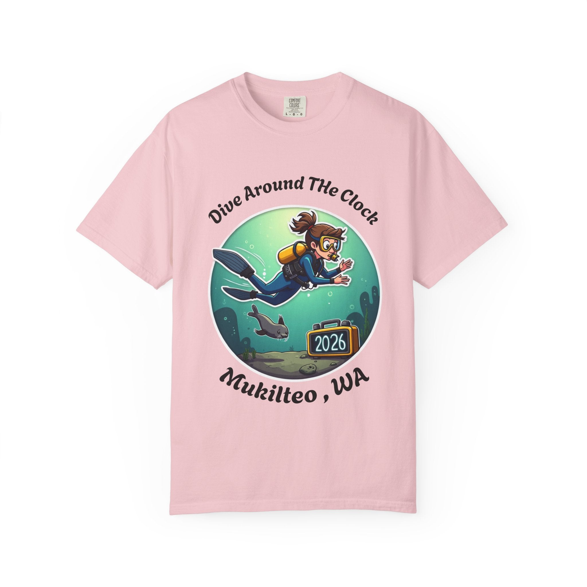 Dive Around the Clock Mukilteo WA T-Shirt — Scuba Diver & Seal Design