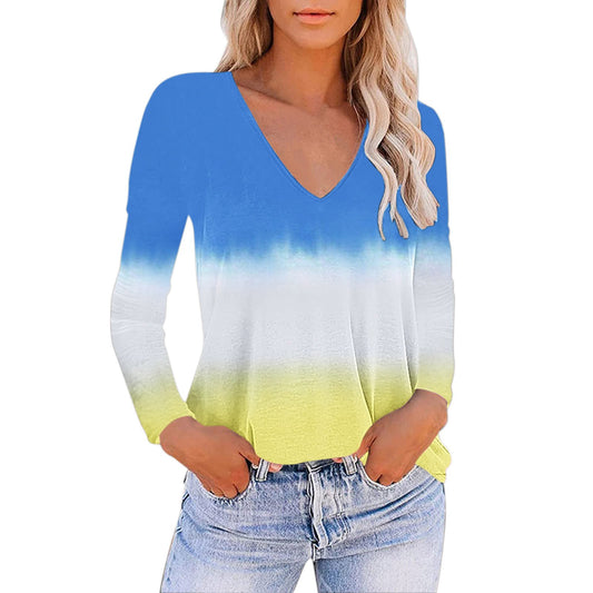 V-neck Gradient Print Loose T-shirt for Women