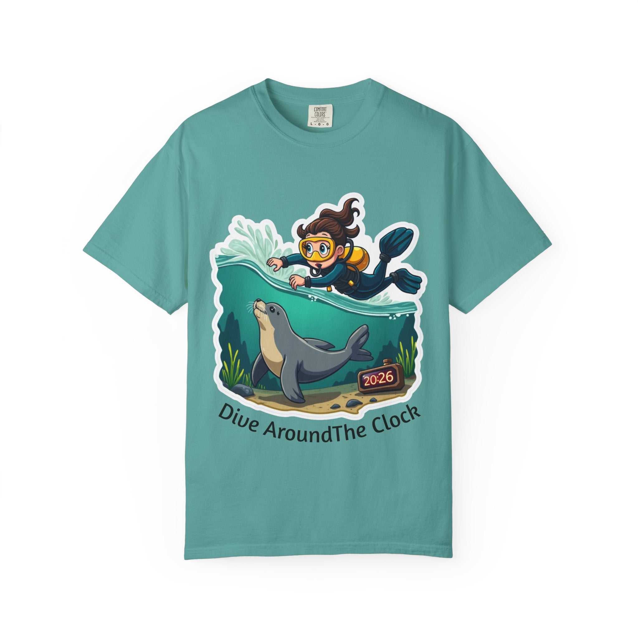 Diver Around The Clock T-Shirt — Cute Scuba Diver & Seal Graphic Tee