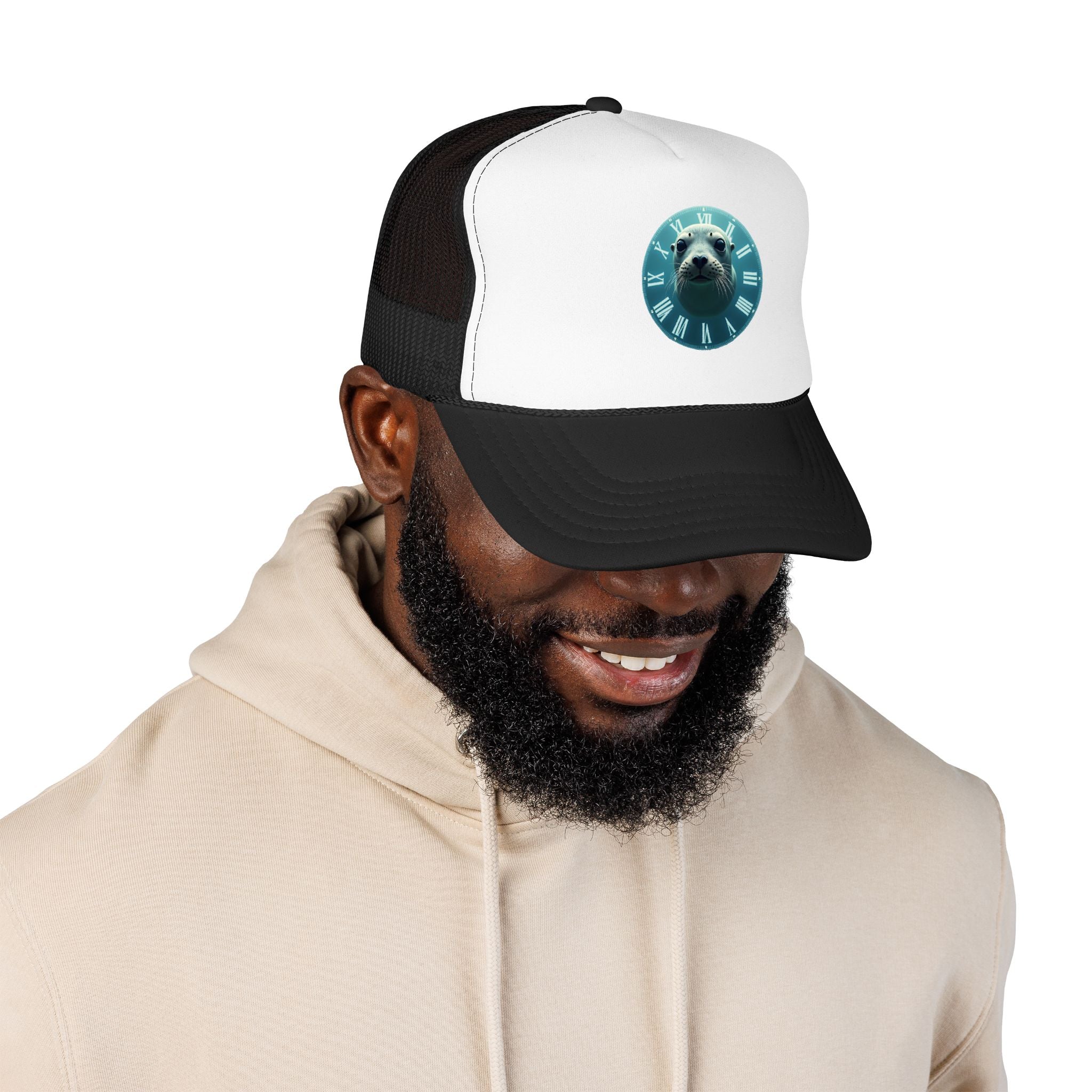 Seal Clock Trucker Hat — Cute Marine Animal Foam Trucker Cap