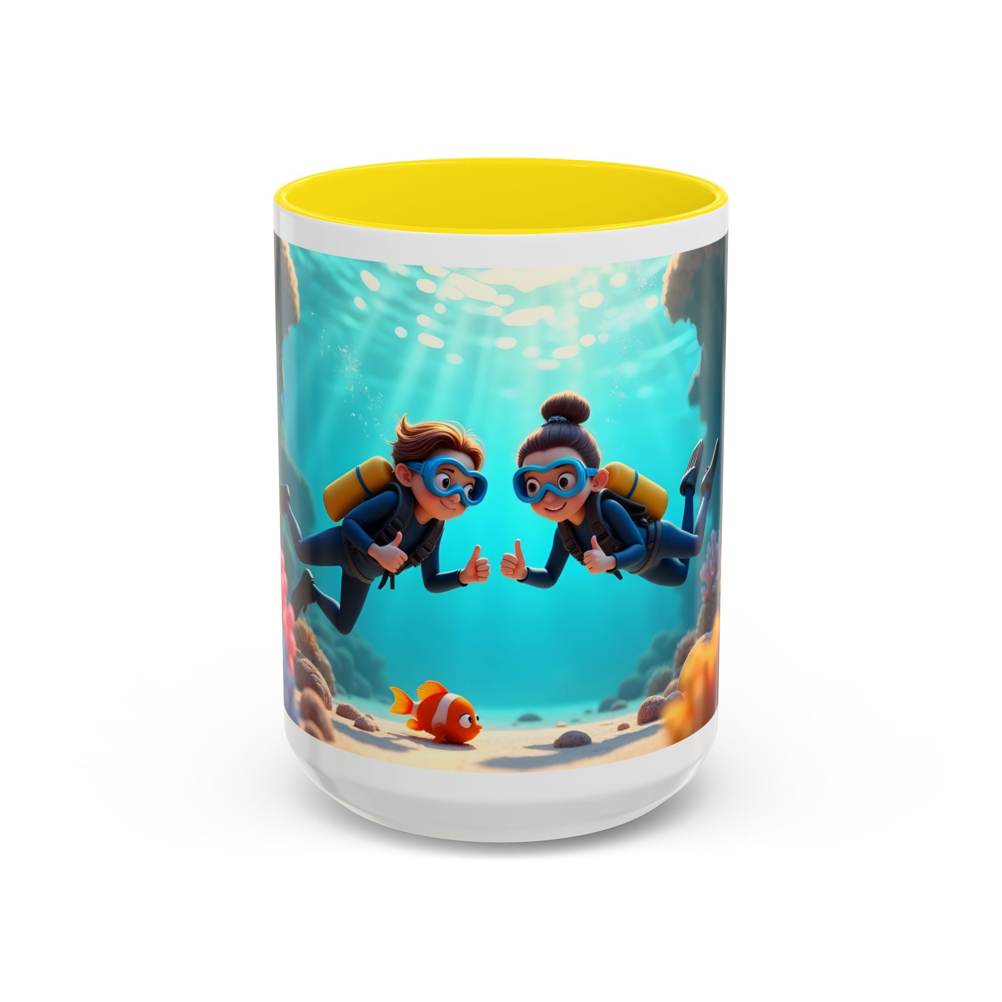Scuba Diving Couple Accent Coffee Mug — Underwater Coral Reef Design (11/15 oz)