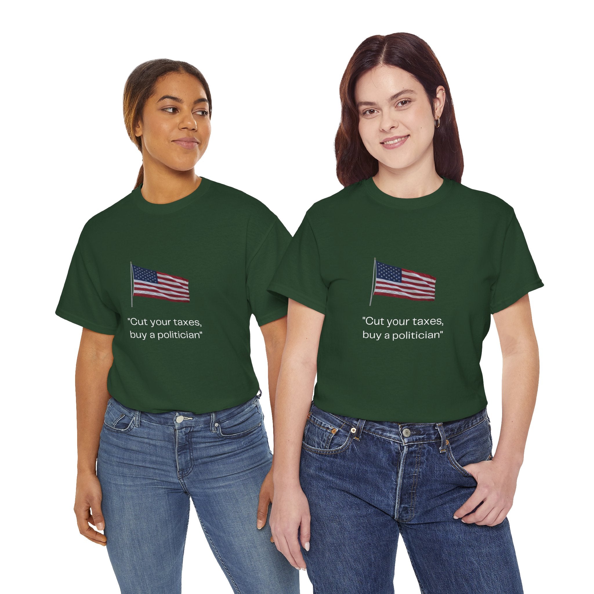 Political Graphic Tee — "Cut Your Taxes, Buy a Politician" American Flag Shirt