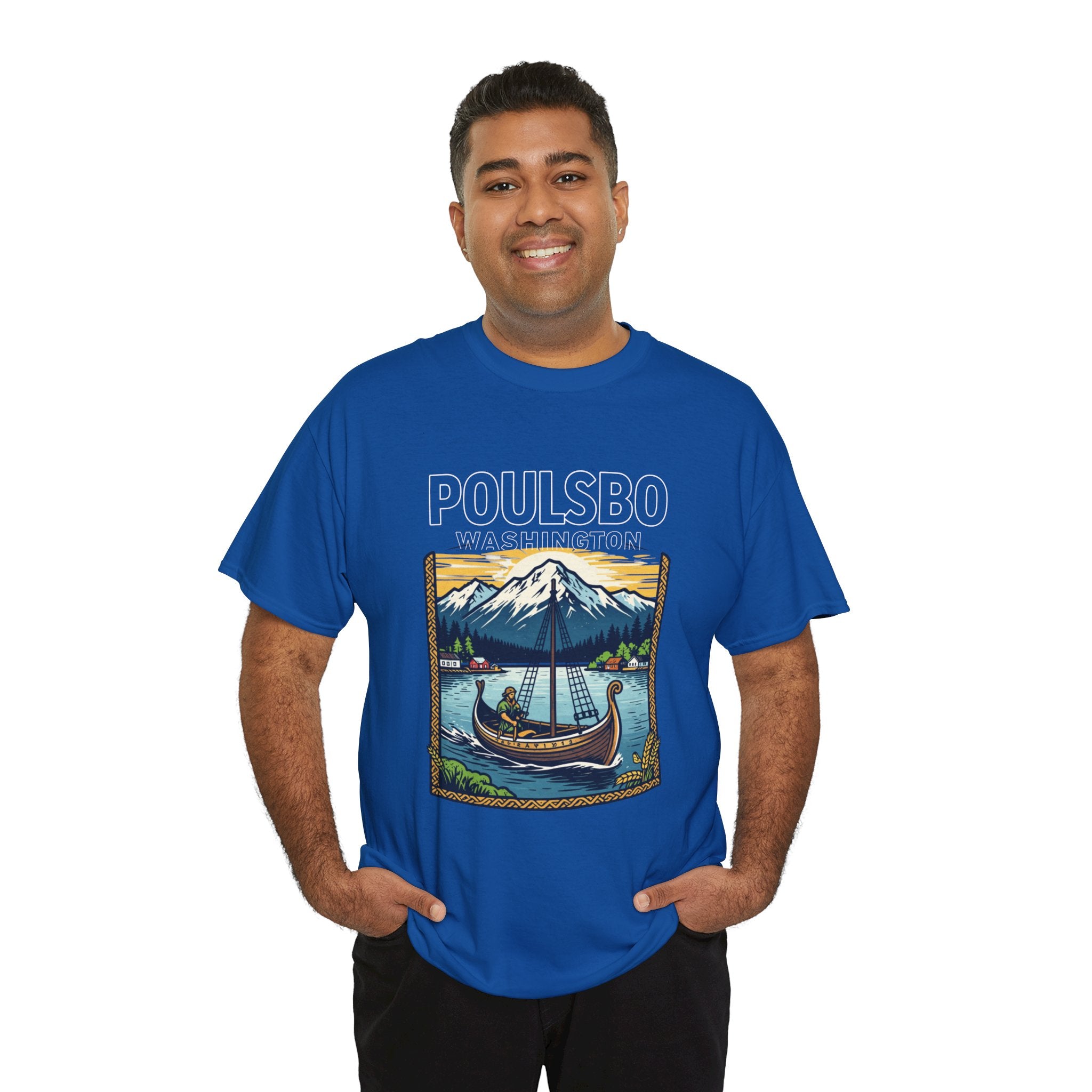 Poulsbo Viking Ship T‑Shirt — Pacific Northwest Mountain & Fjord Graphic Tee