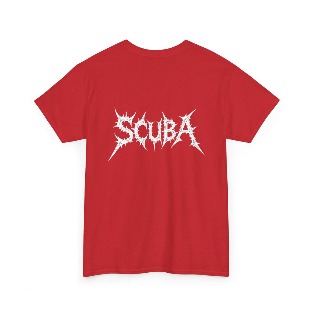 Skull Script Scuba Tee — White Graphic T-Shirt with 'SCUBA' Bone Lettering