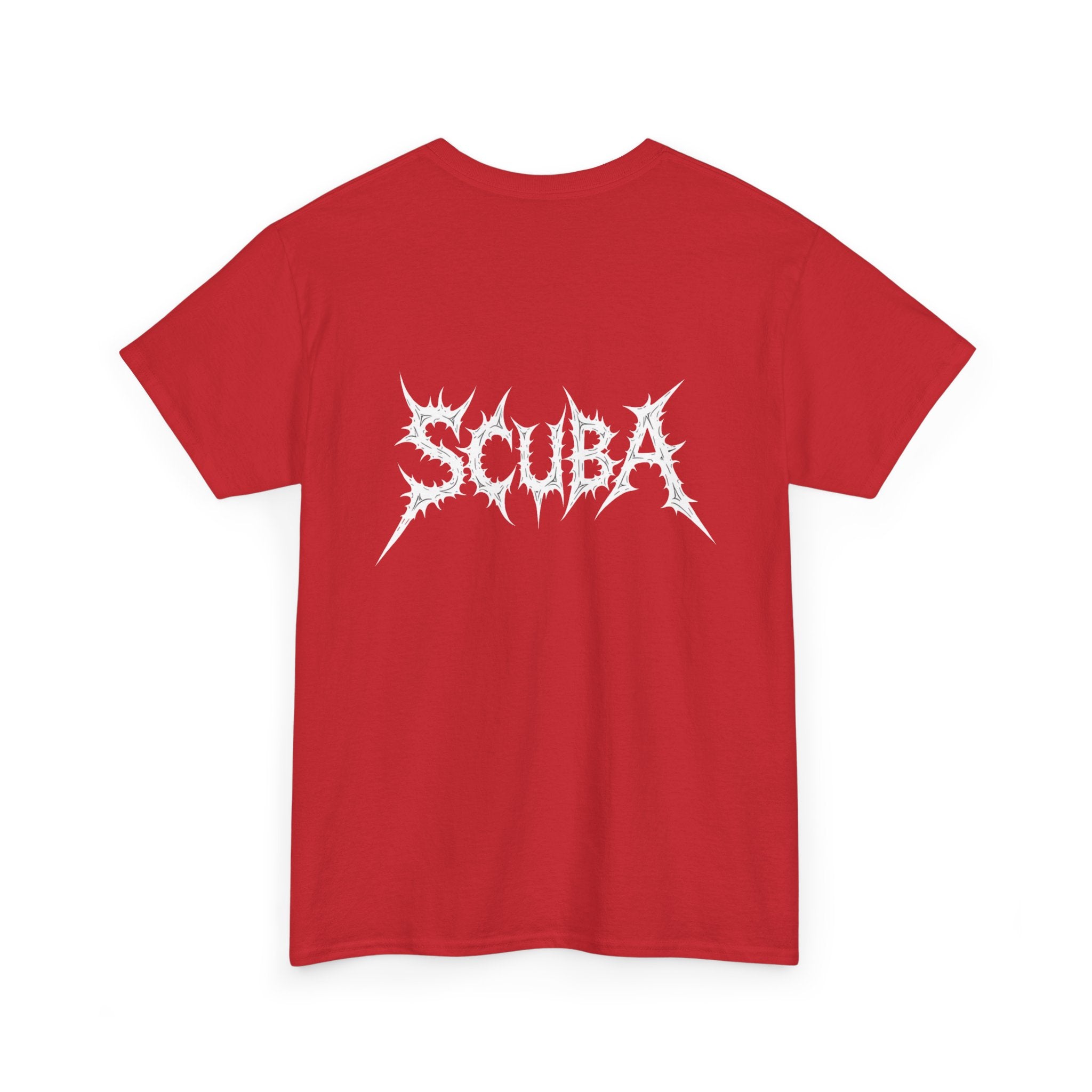 Skull Script Scuba Tee — White Graphic T-Shirt with 'SCUBA' Bone Lettering
