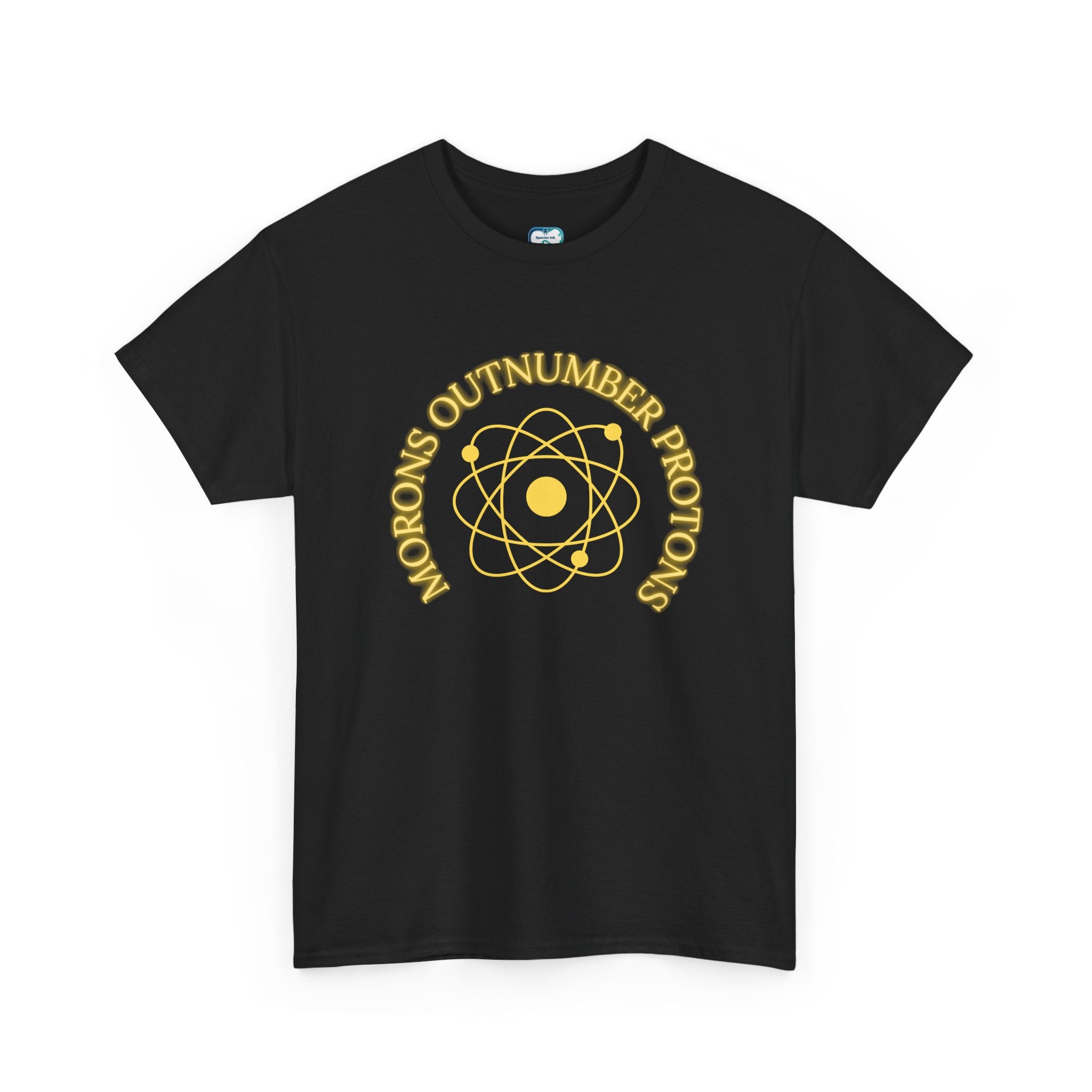 Retro Science Atom Tee — "Why do morons outnumber electrons" Yellow Graphic T-Shirt