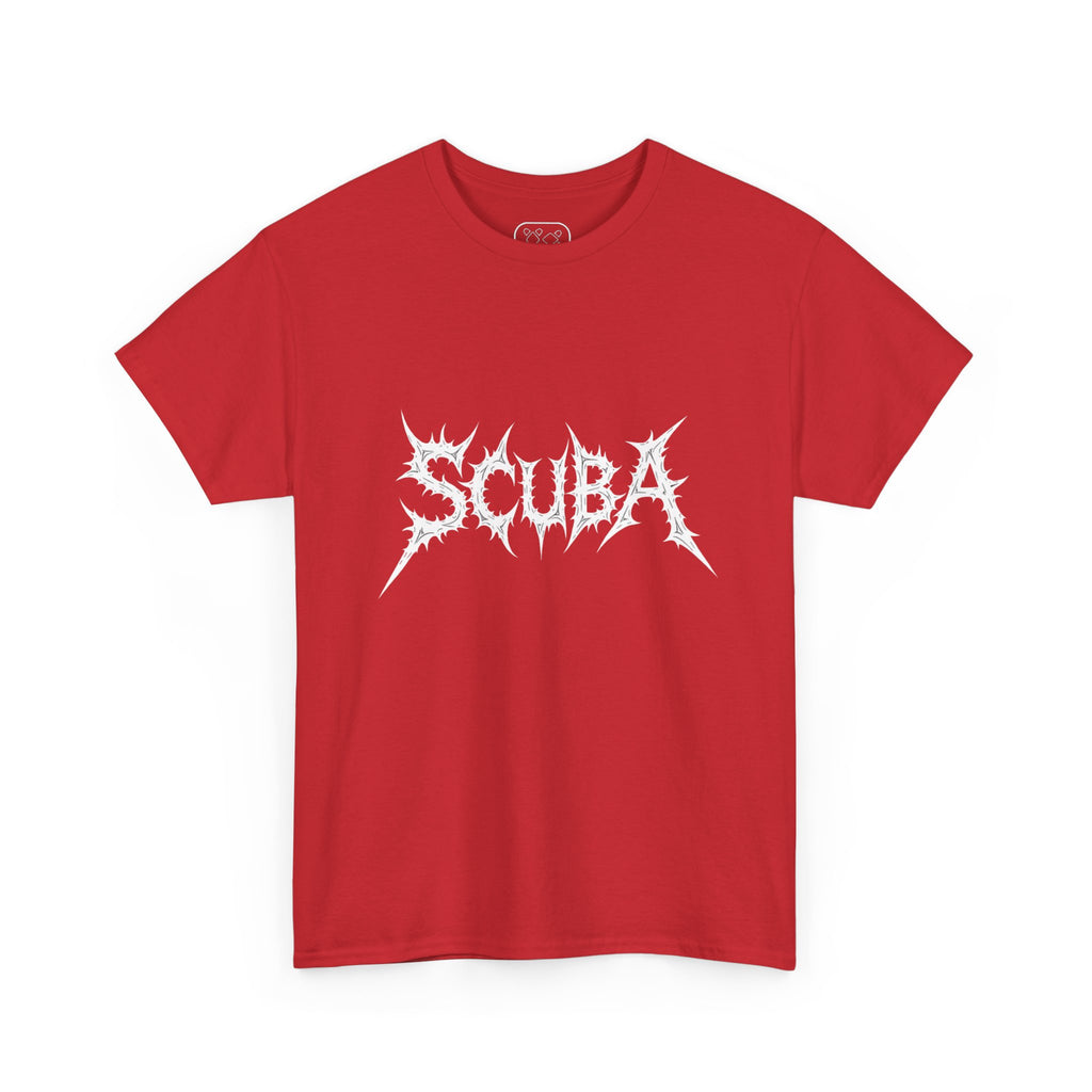 Skull Script Scuba Tee — White Graphic T-Shirt with 'SCUBA' Bone Lettering