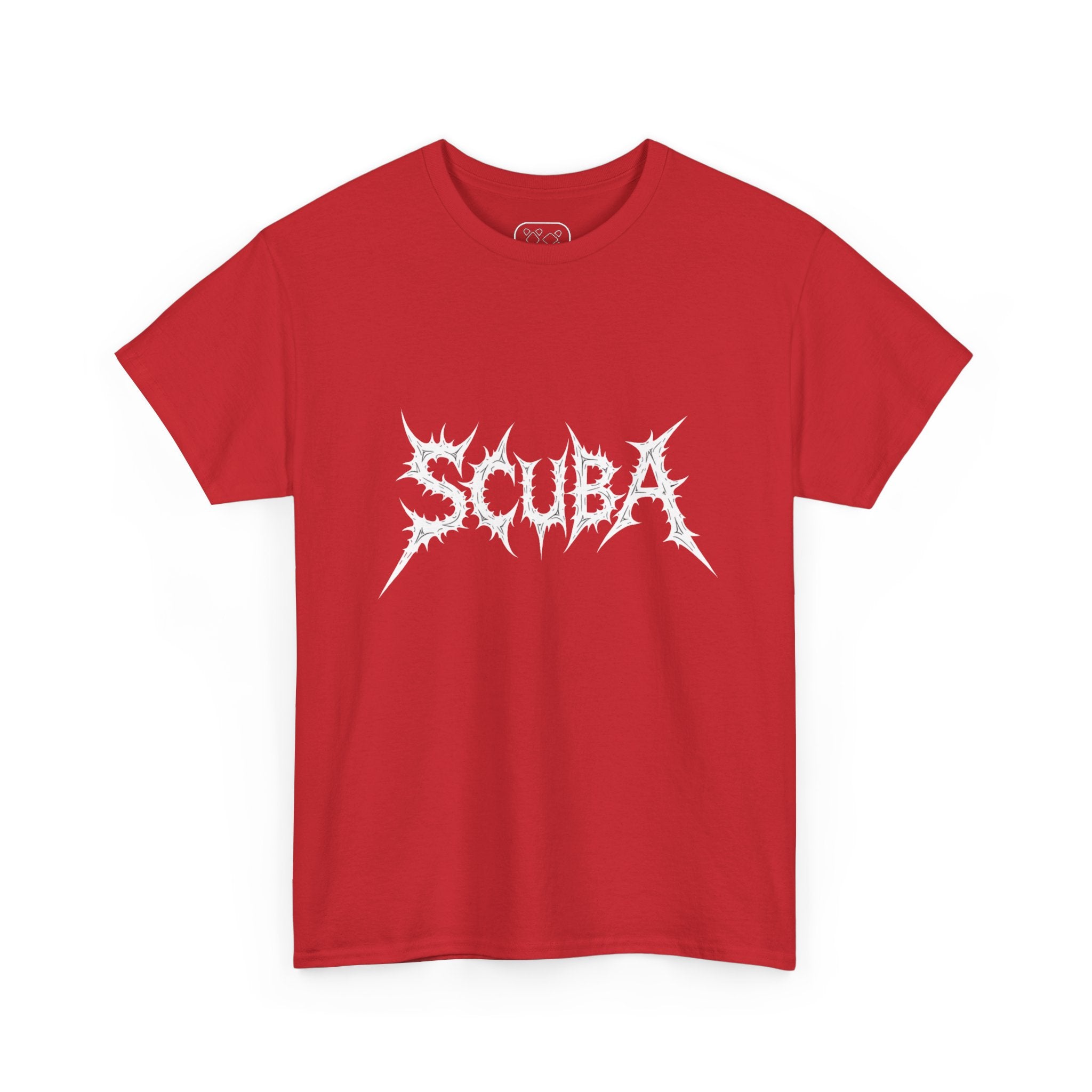 Skull Script Scuba Tee — White Graphic T-Shirt with 'SCUBA' Bone Lettering