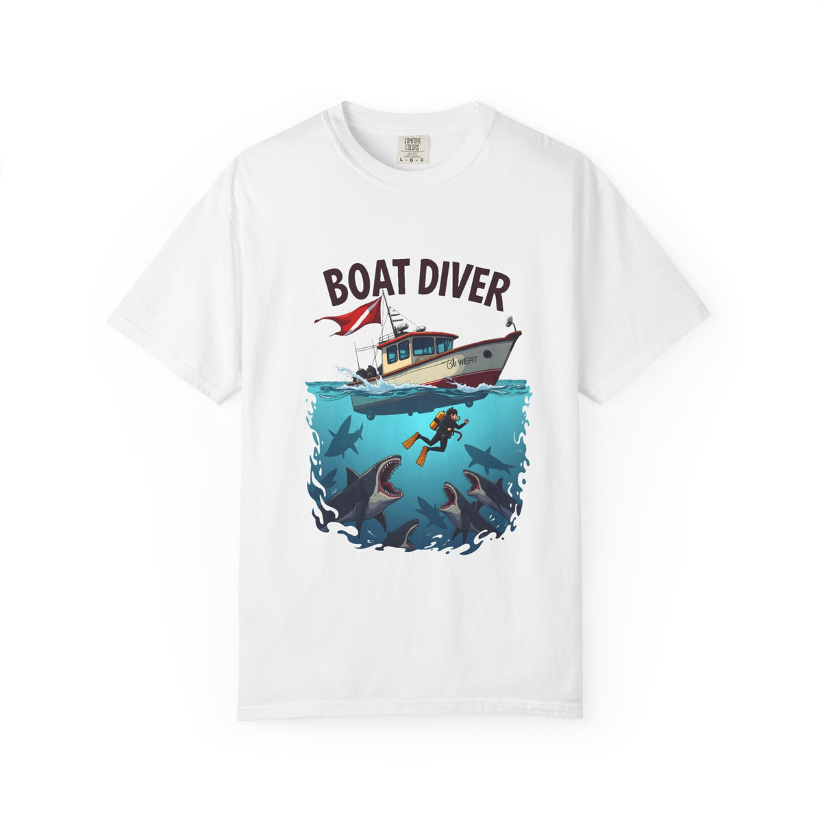 Boat Diver T‑Shirt – Scuba Diving Graphic Tee with Boat and Underwater Scene