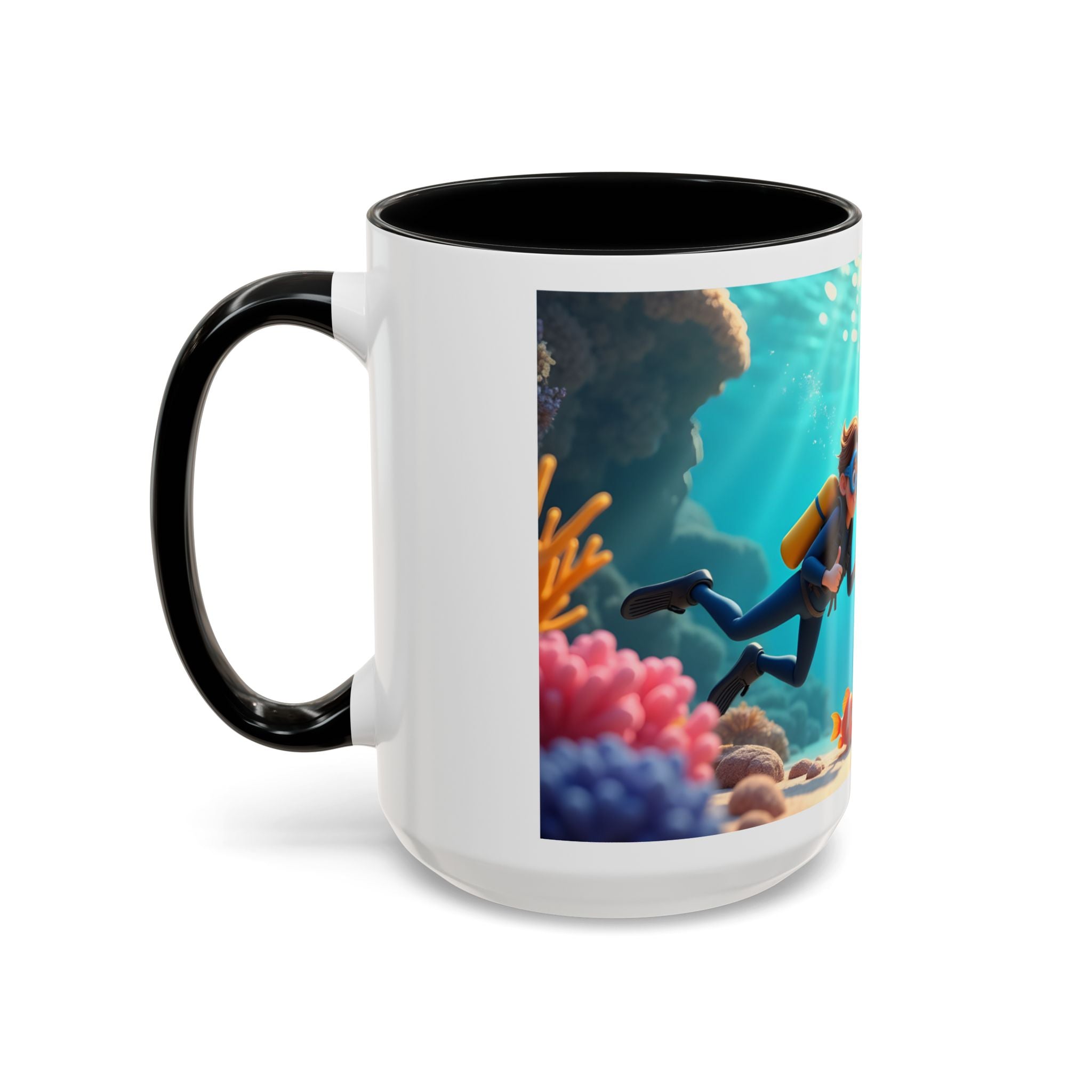 Scuba Diving Couple Accent Coffee Mug — Underwater Coral Reef Design (11/15 oz)
