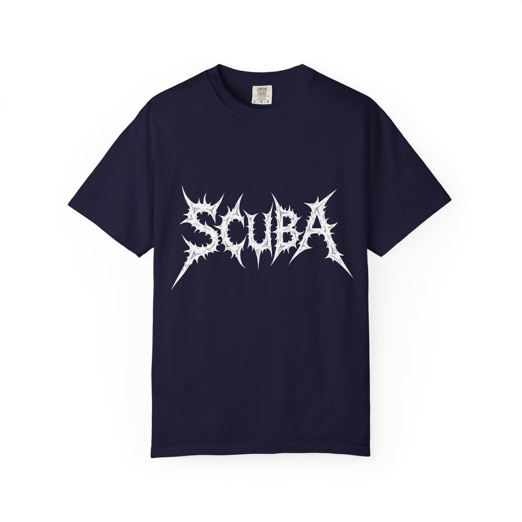 Skull Script Scuba Tee — White Graphic T-Shirt with 'SCUBA' Bone Lettering