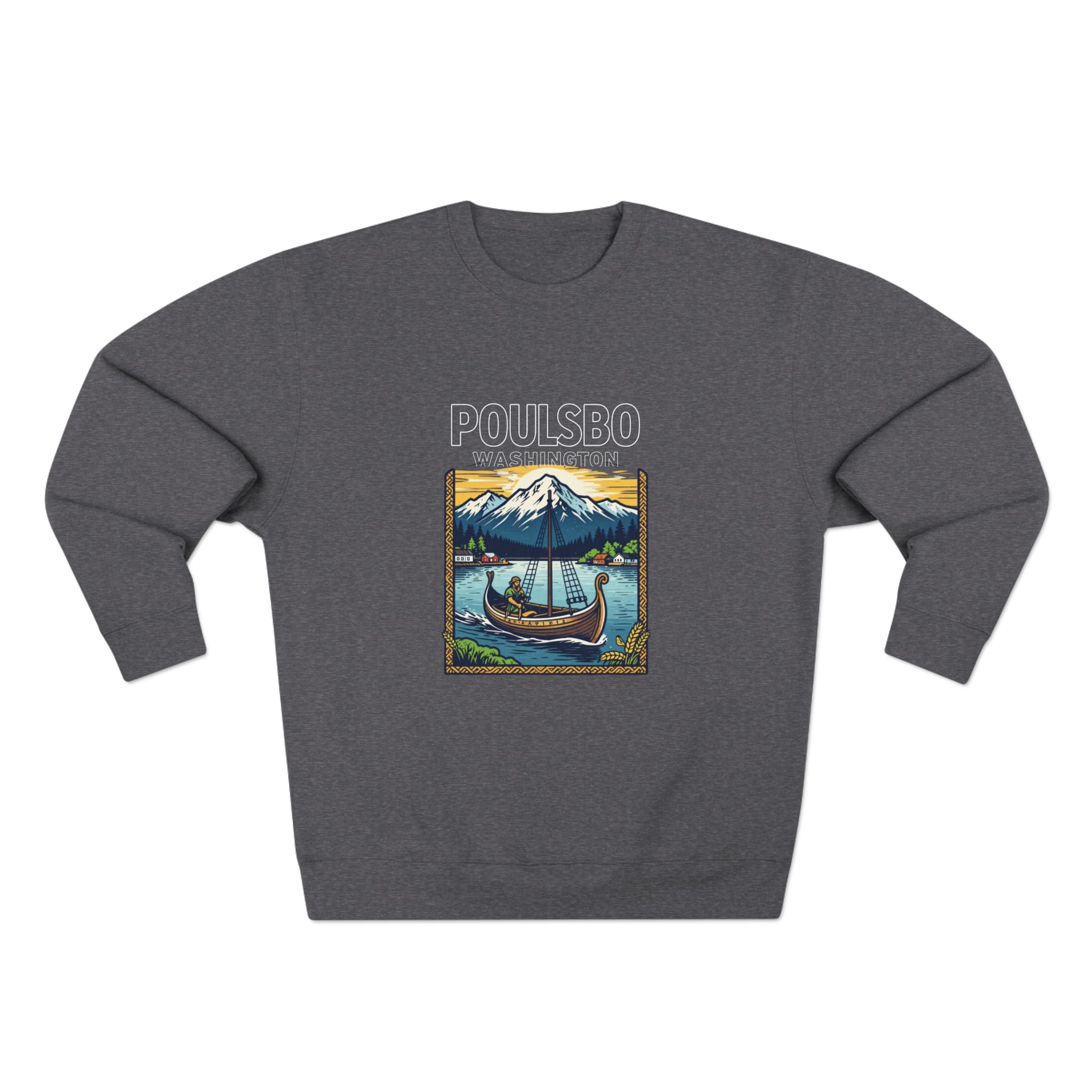 Poulsbo Scenic Crewneck Sweatshirt — Viking Boat & Mountain Graphic