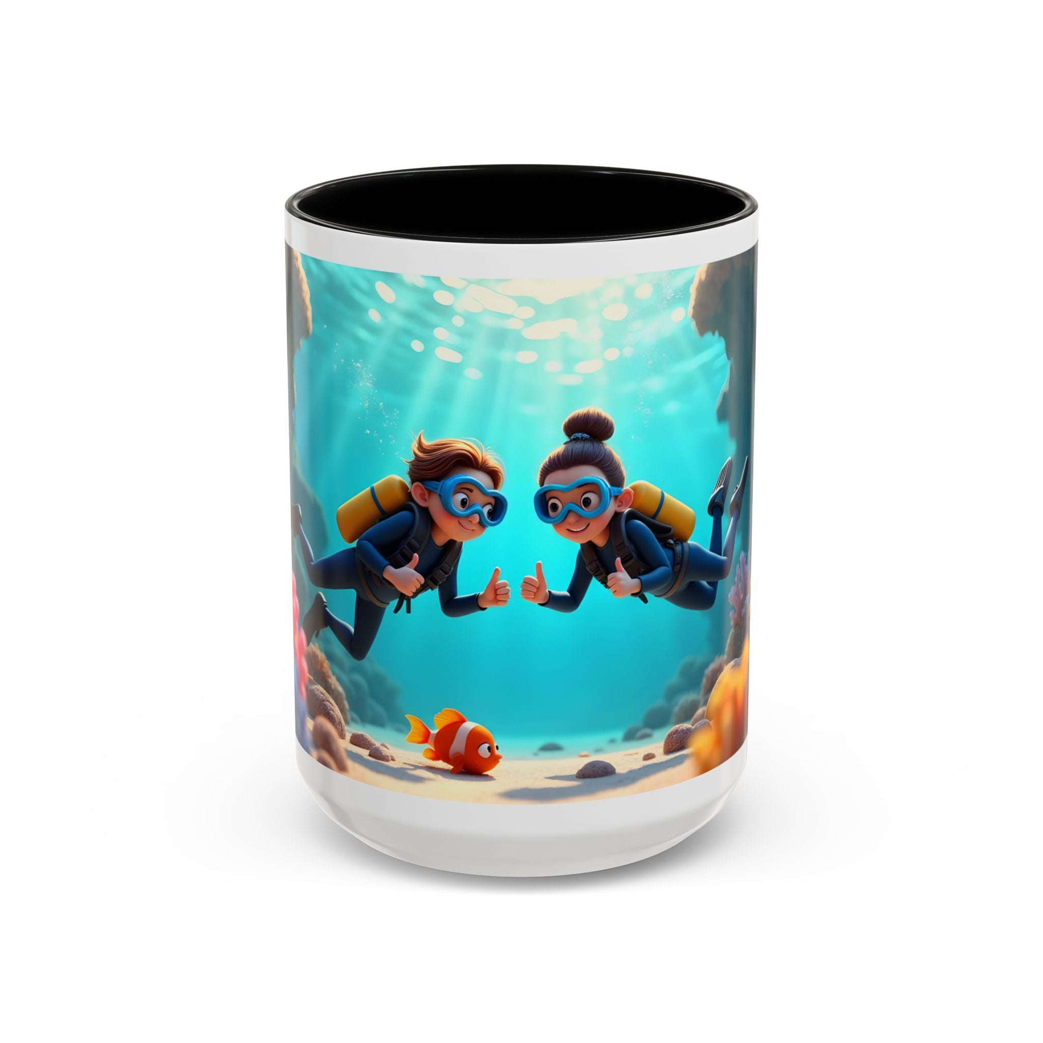 Scuba Diving Couple Accent Coffee Mug — Underwater Coral Reef Design (11/15 oz)