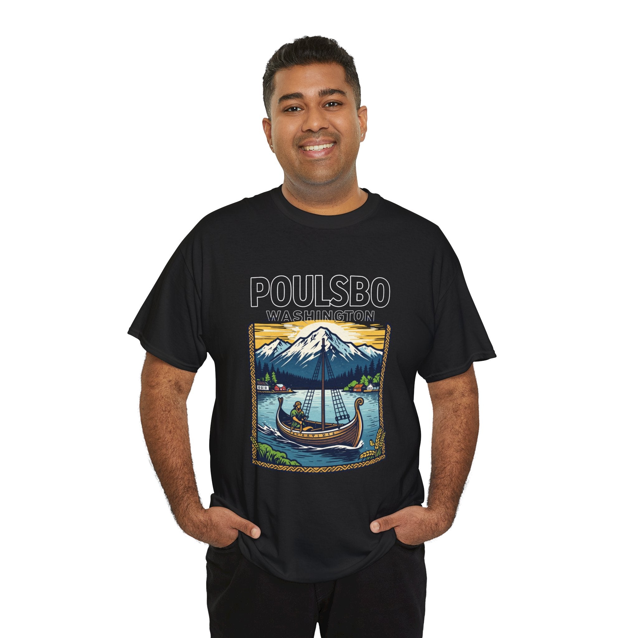 Poulsbo Viking Ship T‑Shirt — Pacific Northwest Mountain & Fjord Graphic Tee