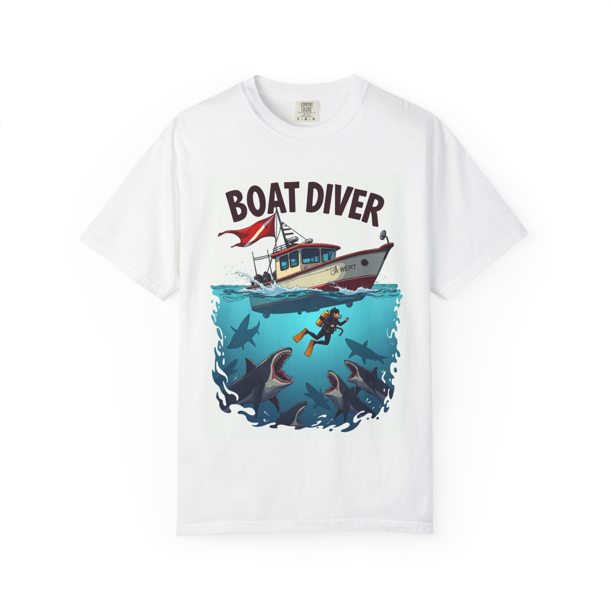 Boat Diver T‑Shirt – Scuba Diving Graphic Tee with Boat and Underwater Scene