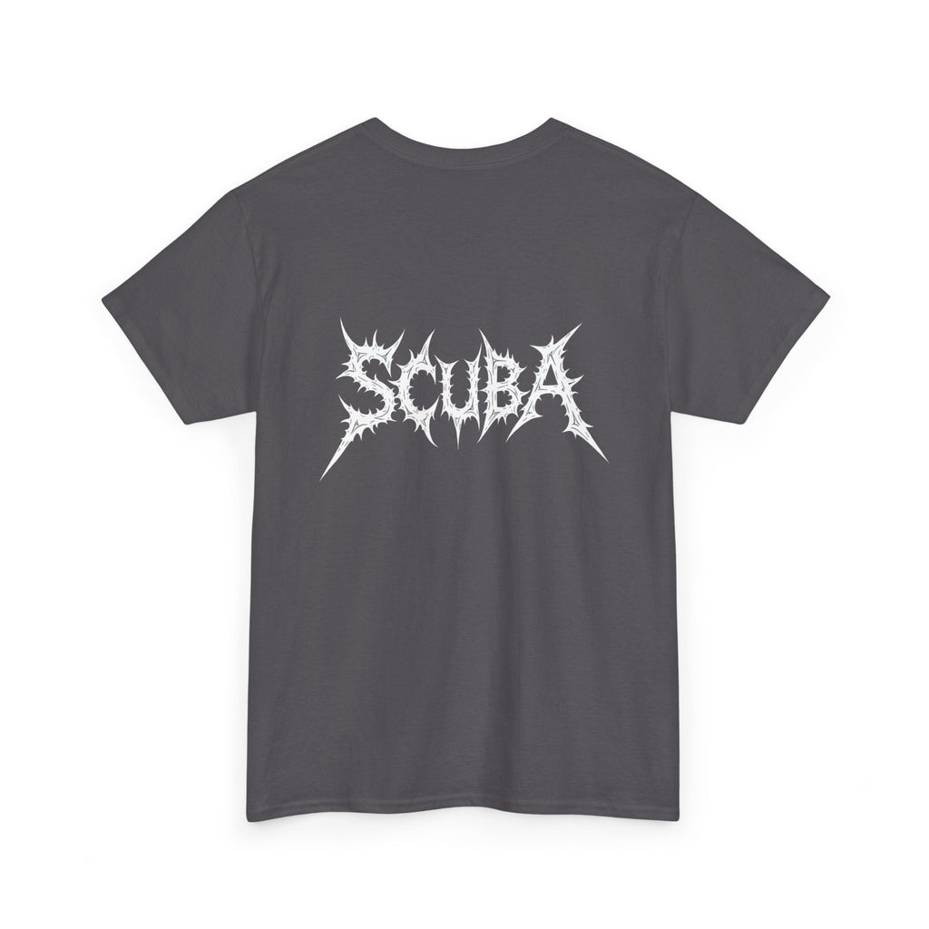 Skull Script Scuba Tee — White Graphic T-Shirt with 'SCUBA' Bone Lettering