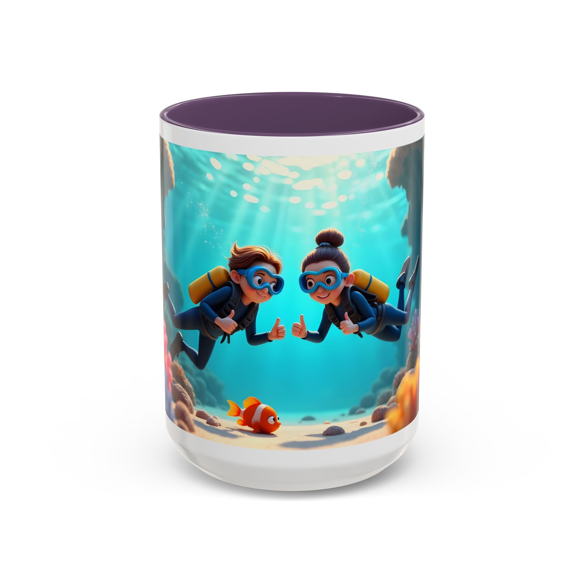 Scuba Diving Couple Accent Coffee Mug — Underwater Coral Reef Design (11/15 oz)