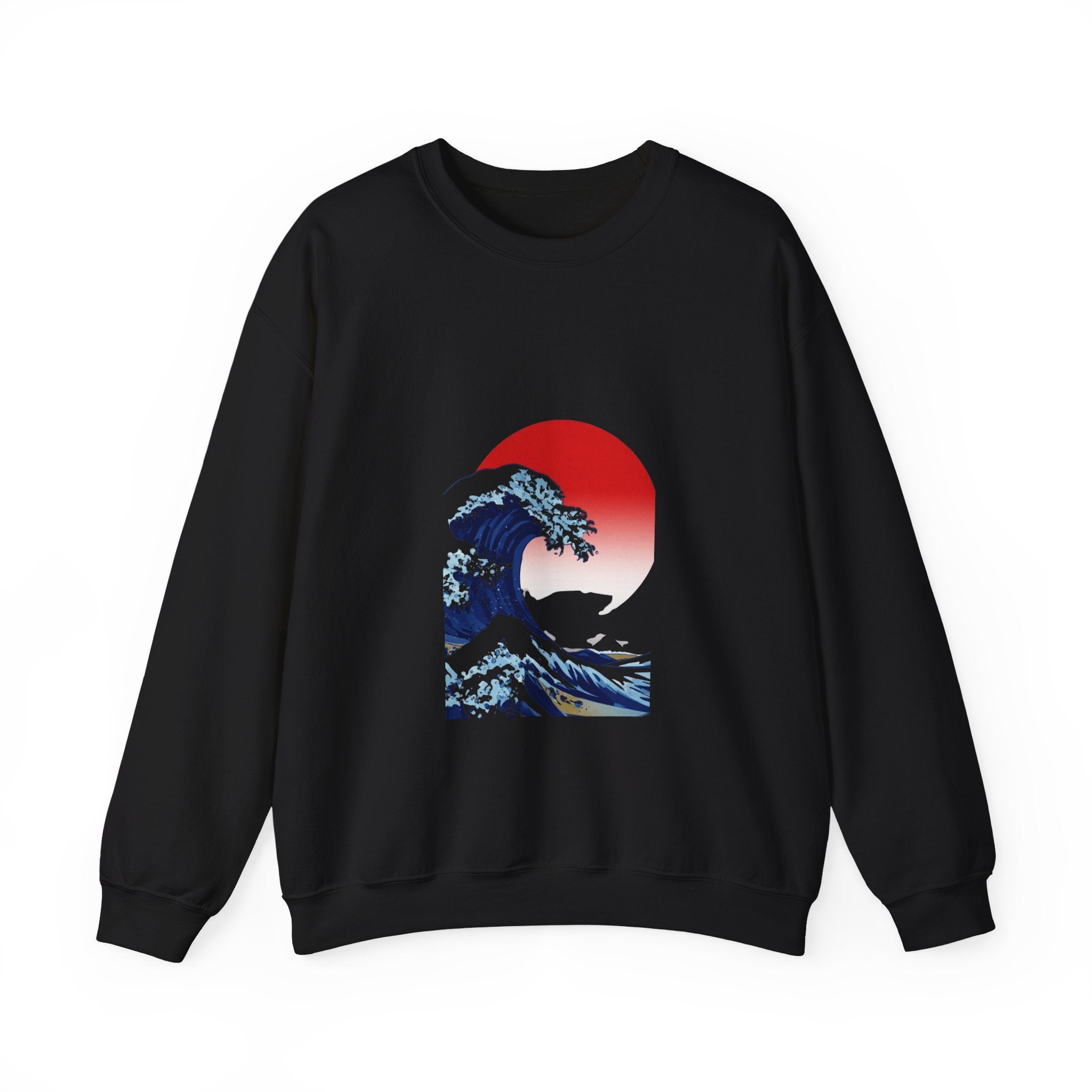 Great Wave Crewneck Sweatshirt — Japanese Wave Graphic with Red Sun